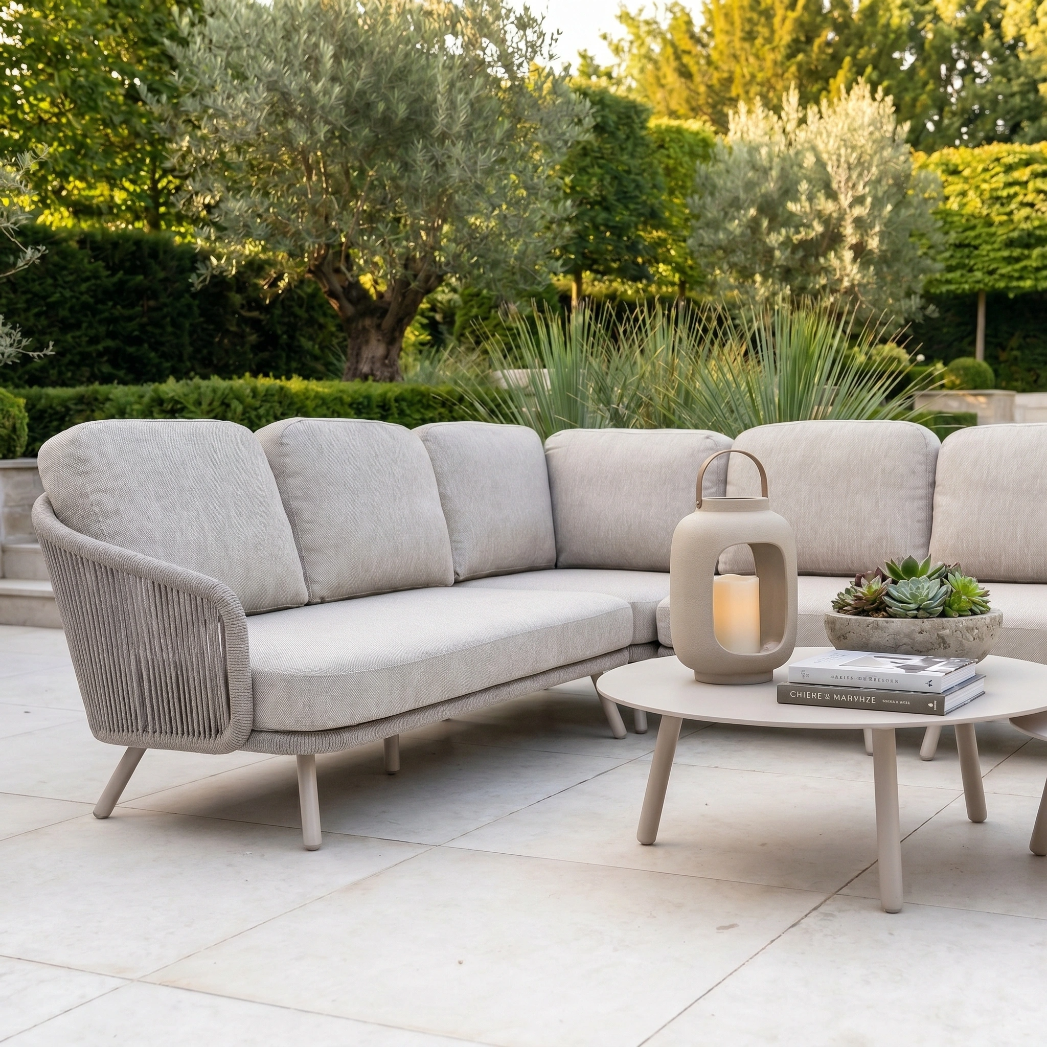 Dekota Large Corner Sofa Set in Fawn with hydrophobic rope weave and table, styled with decor items on a patio amidst lush green trees and plants.