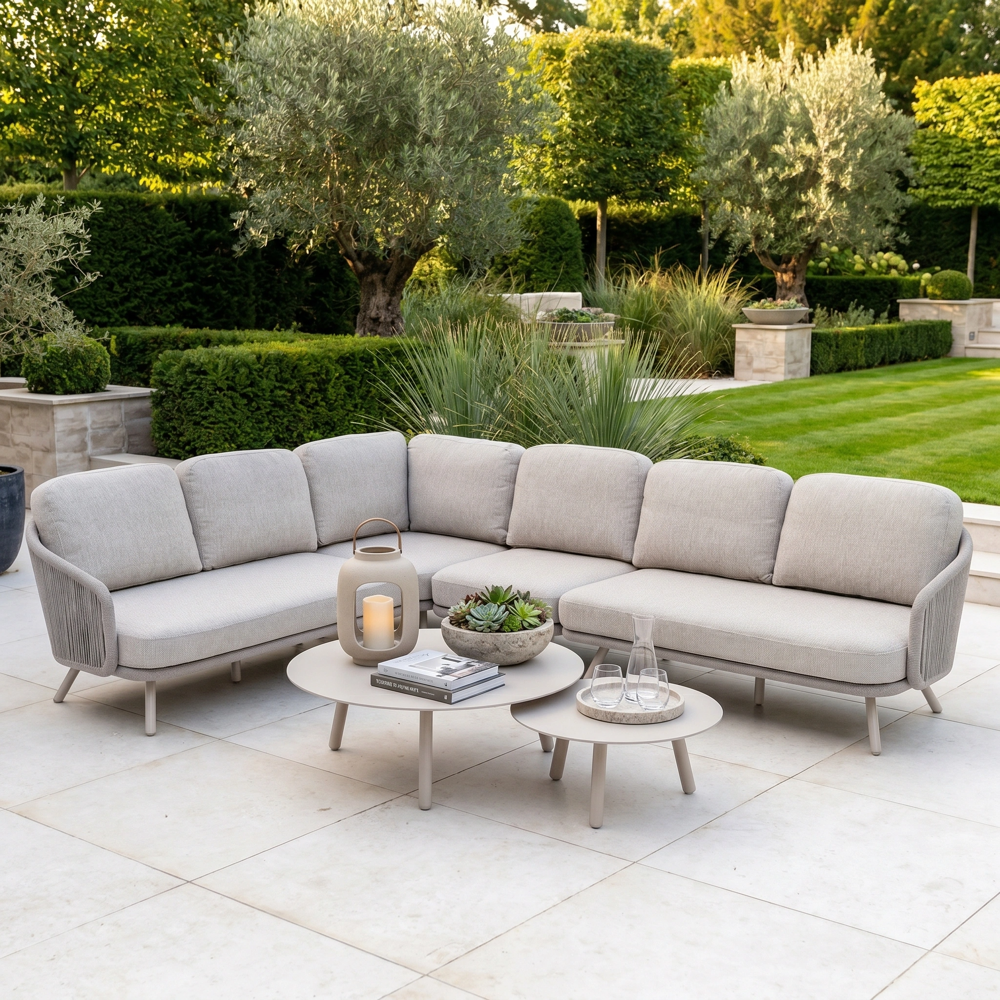 The Dekota Large Corner Sofa Set in Fawn boasts a hydrophobic rope weave and round coffee tables, creating a stylish focal point for any lush garden space.