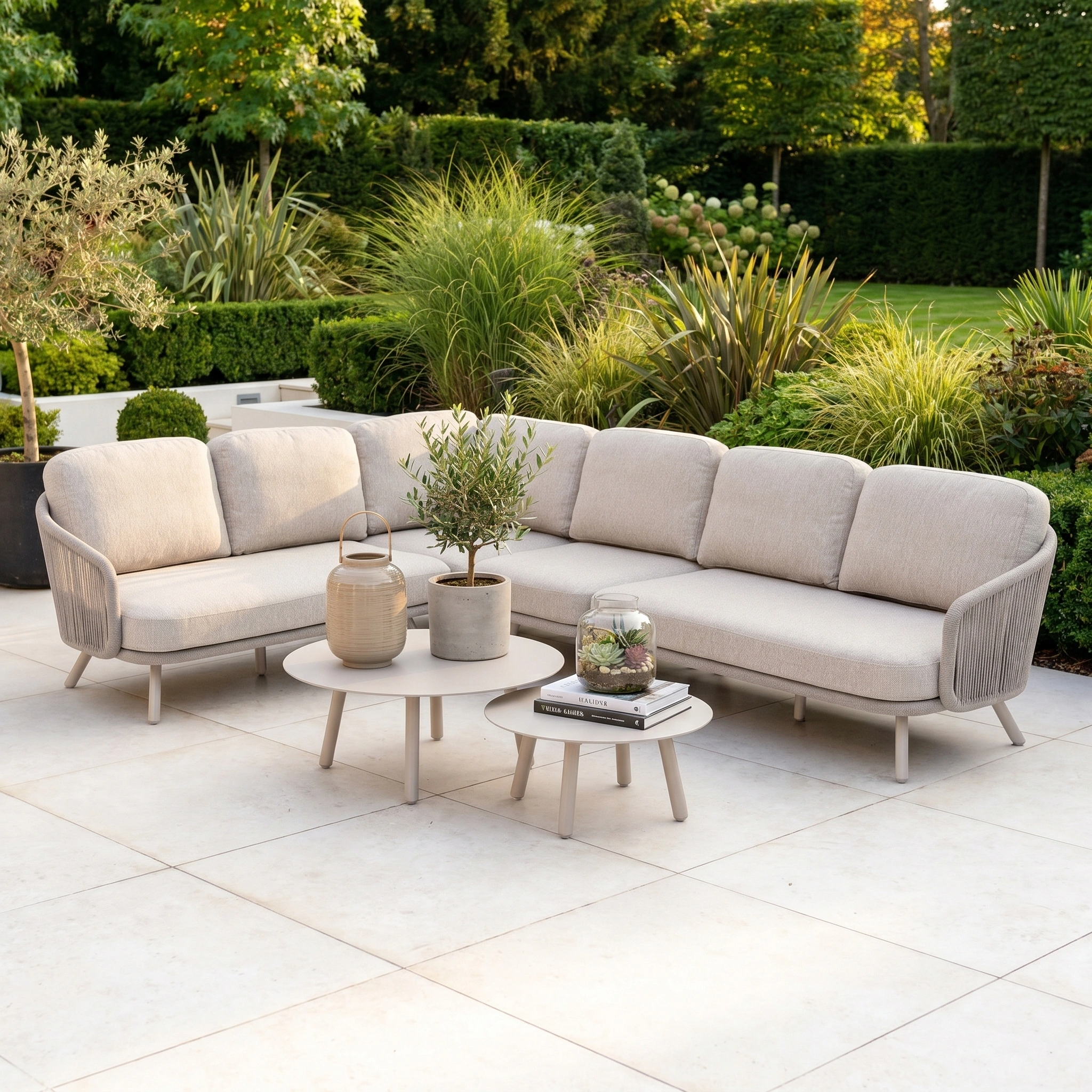 Dekota Large Corner Sofa Set in Fawn with hydrophobic rope weave, tables, and potted plants on a tiled patio, surrounded by a lush green garden.