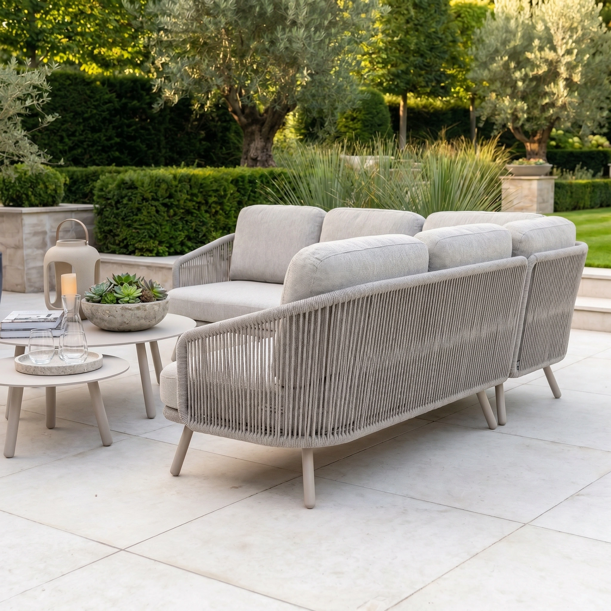 Modern outdoor seating area featuring the Dekota Large Corner Sofa Set in Fawn with hydrophobic rope weave, paired with round tables, a plant centerpiece, and a lush garden backdrop for stylish outdoor living.