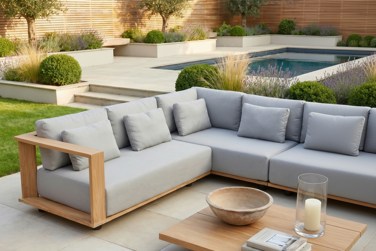Modern patio featuring the Eternity Left Hand Teak Corner Group in Light Grey with a coffee table and landscaped garden by the pool.
