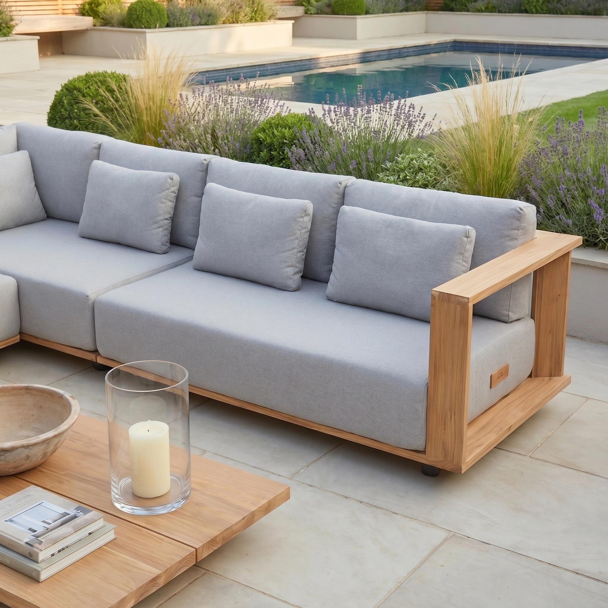 Modern outdoor patio featuring the Eternity Left Hand Teak Corner Group in Light Grey with gray cushions, a sleek table, candle, and pool in the background.