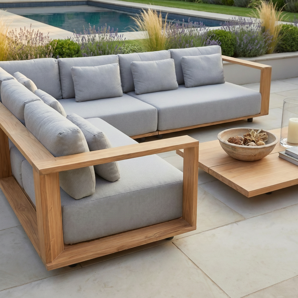 Modern outdoor patio featuring the Eternity Left Hand Teak Corner Group in Light Grey, a modular cushioned sofa paired with a low coffee table beside a swimming pool.