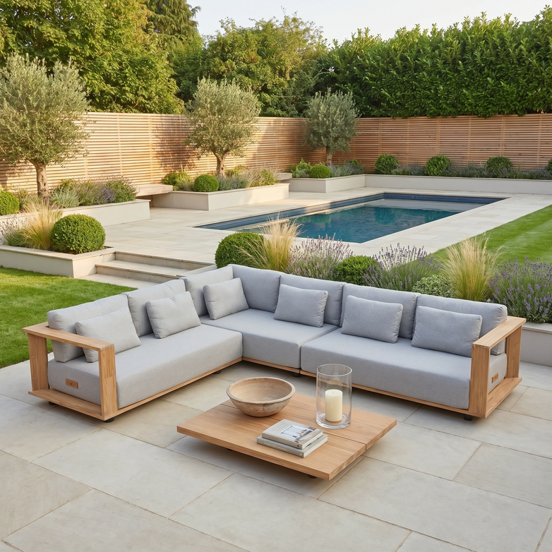 Modern patio with the Eternity Left Hand Teak Corner Group in Light Grey and a low table, set beside a swimming pool surrounded by lush greenery and vibrant plants.