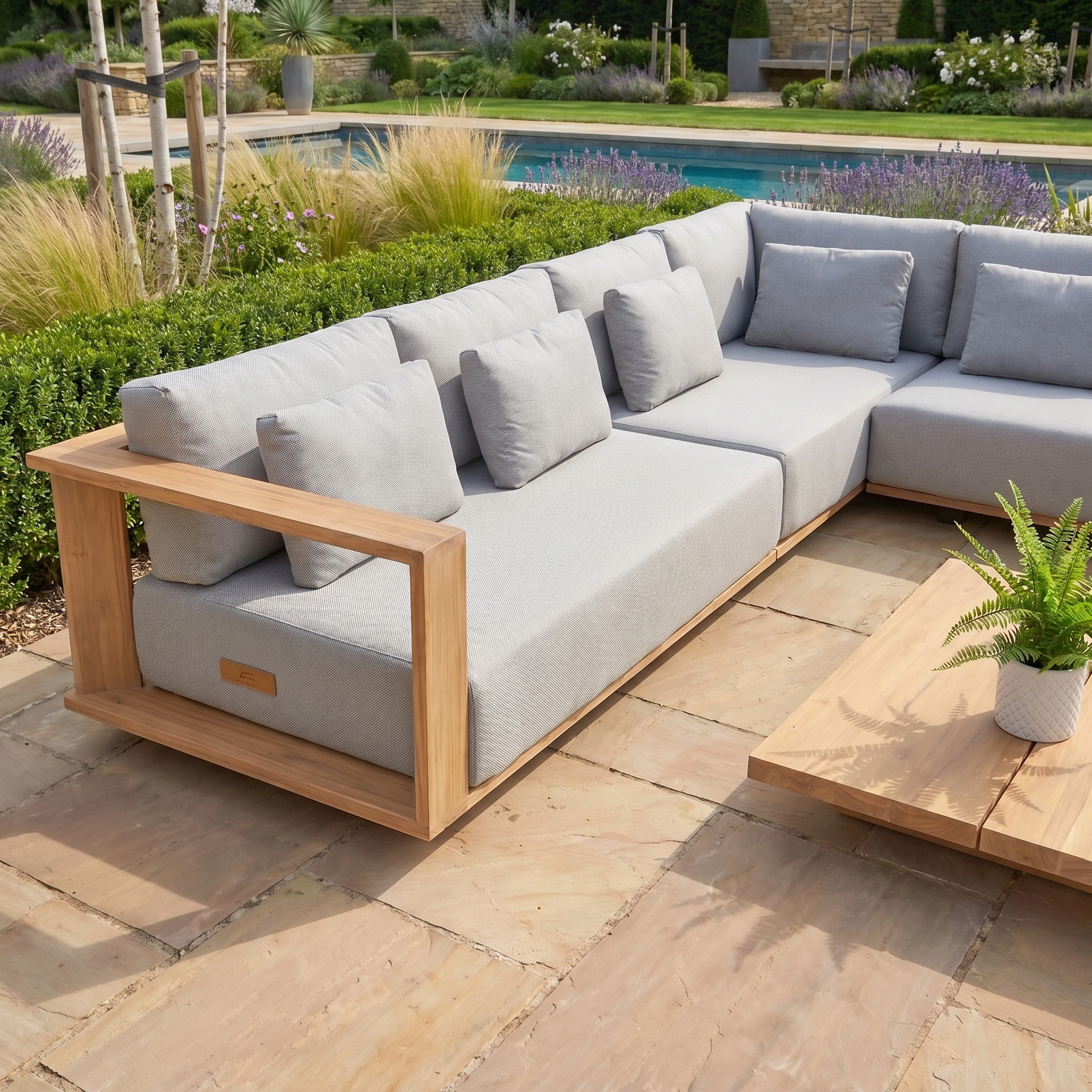 The Eternity Right Hand Teak Corner Group in Light Grey offers modular outdoor seating by the pool, set among lush landscaping.