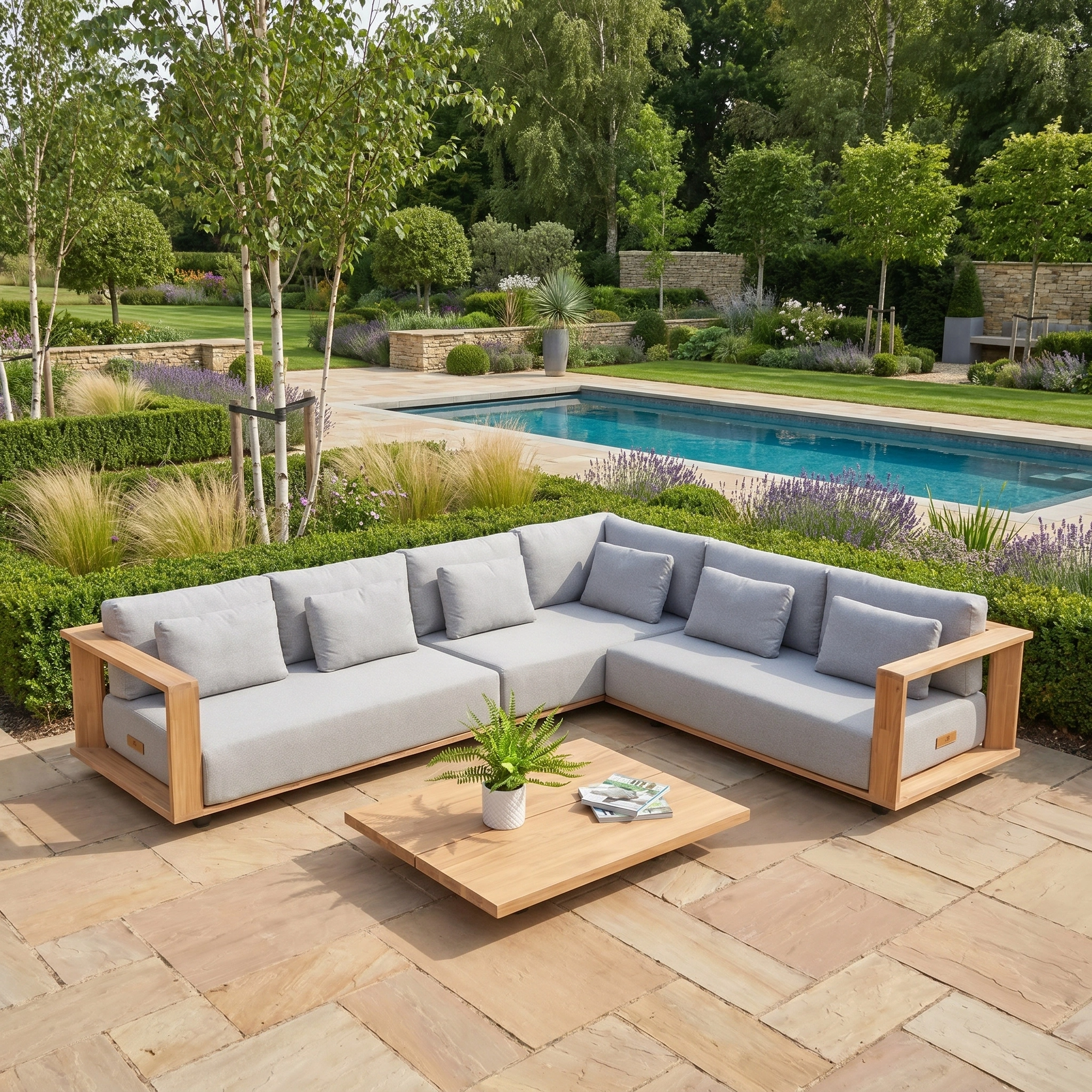 Modern outdoor patio featuring the Eternity Right Hand Teak Corner Group in Light Grey, a versatile and stylish modular sectional sofa paired with a wooden coffee table by the pool, all surrounded by lush greenery.