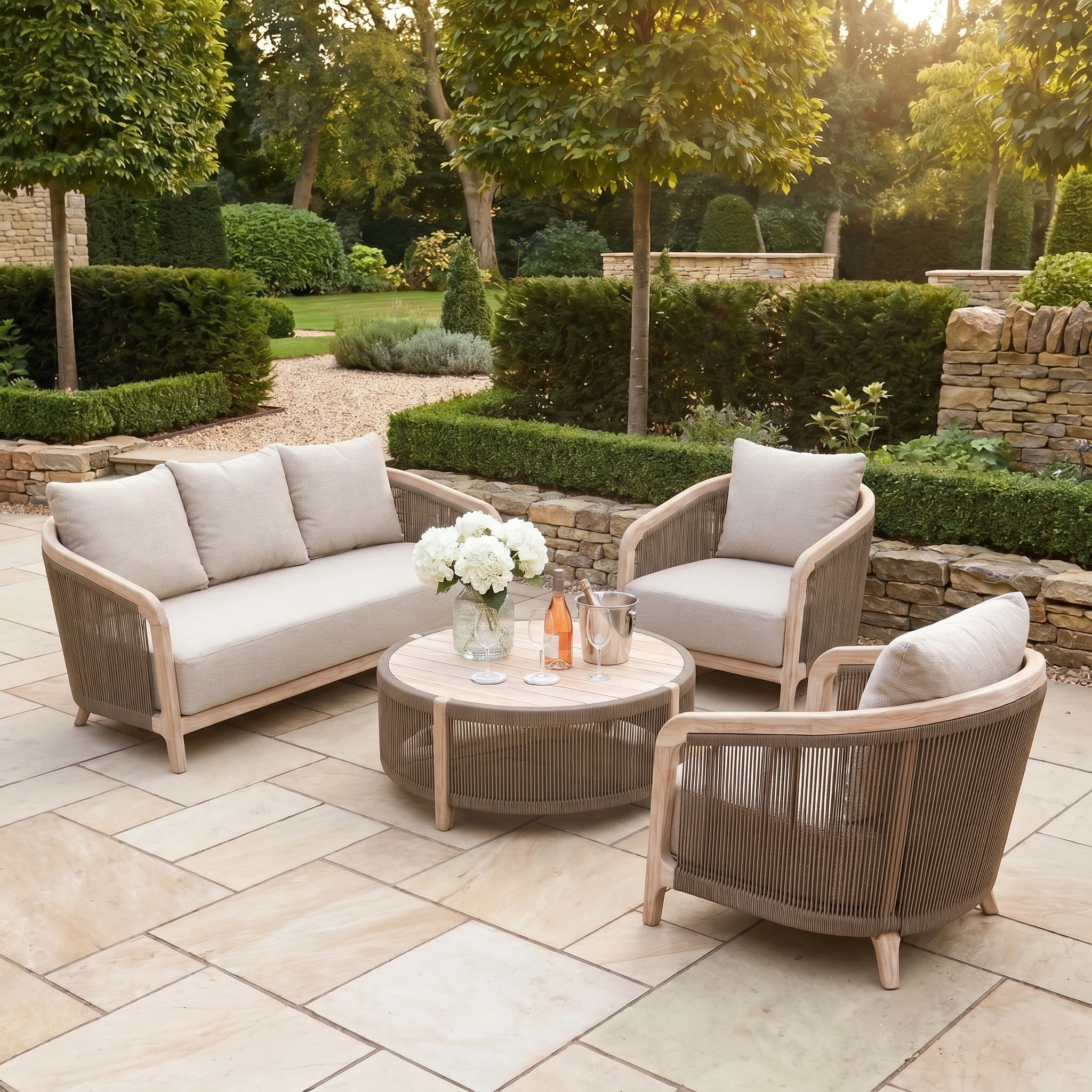 Outdoor patio featuring the Evora 3 Seat Sofa Set in Mocha with cushioned chairs, sofa, and a round table holding flowers and drinks, surrounded by lush greenery for a relaxing retreat.