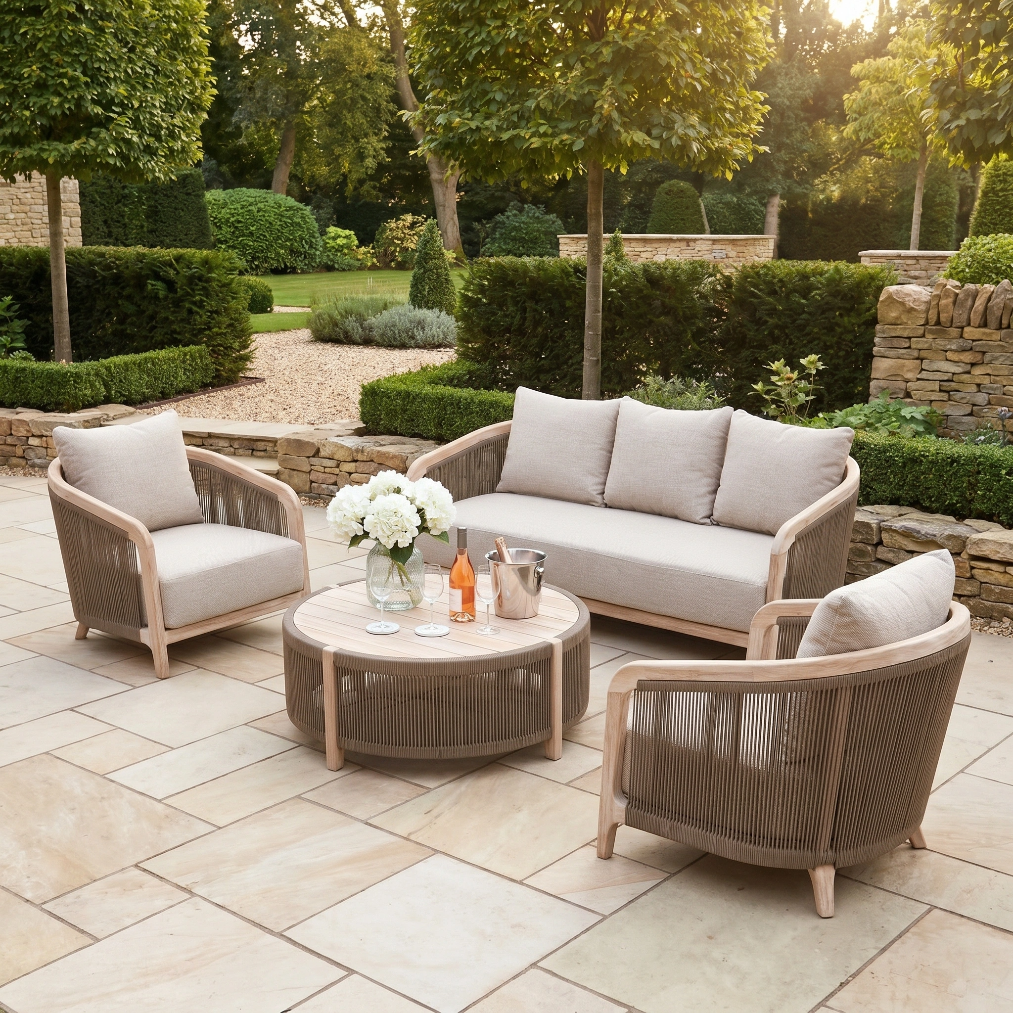 The Evora 3 Seat Sofa Set in Mocha, with two chairs and a table for drinks and flowers, rests on stone tiles in a garden, creating an inviting outdoor retreat perfect for relaxing in stylish comfort.