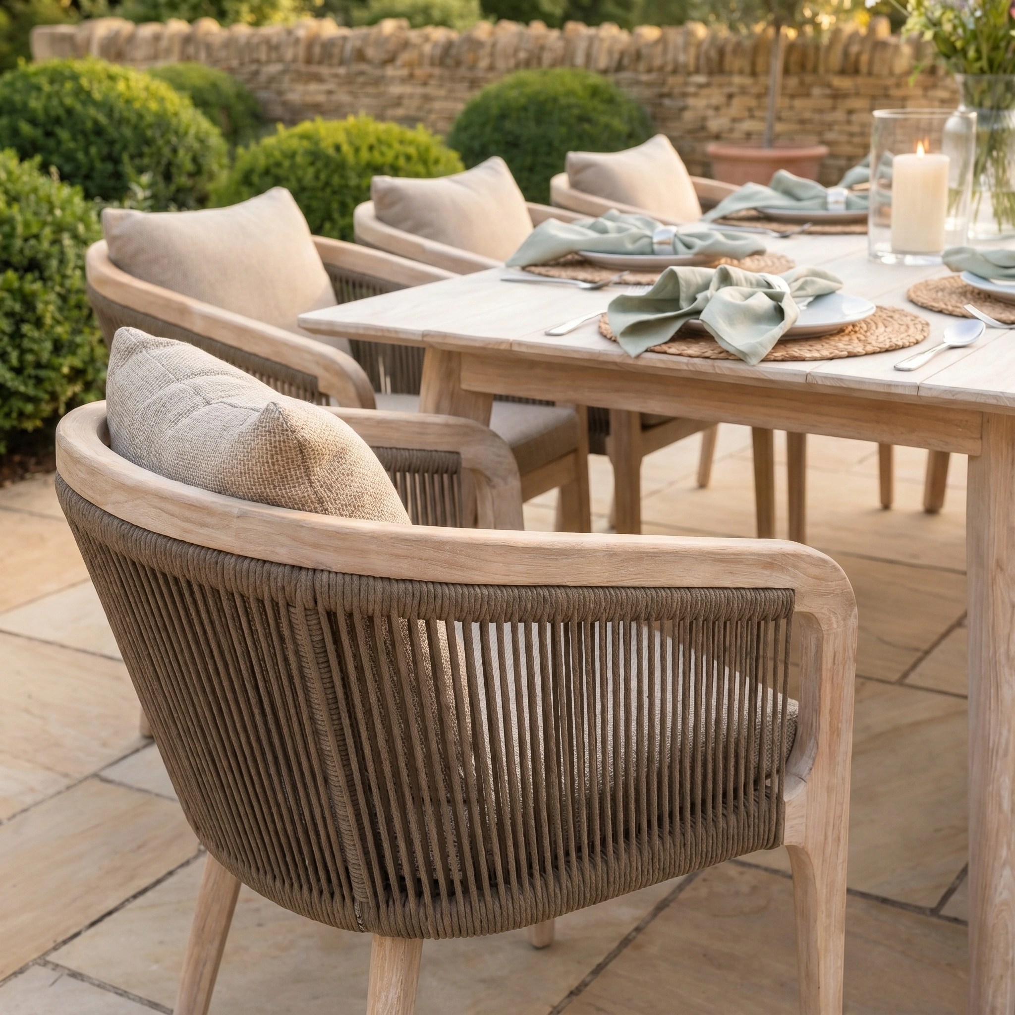 The Evora 8 Seat Rectangular Dining Set in Mocha features rope dining chairs and elegant table settings, making it ideal for stylish outdoor gatherings.