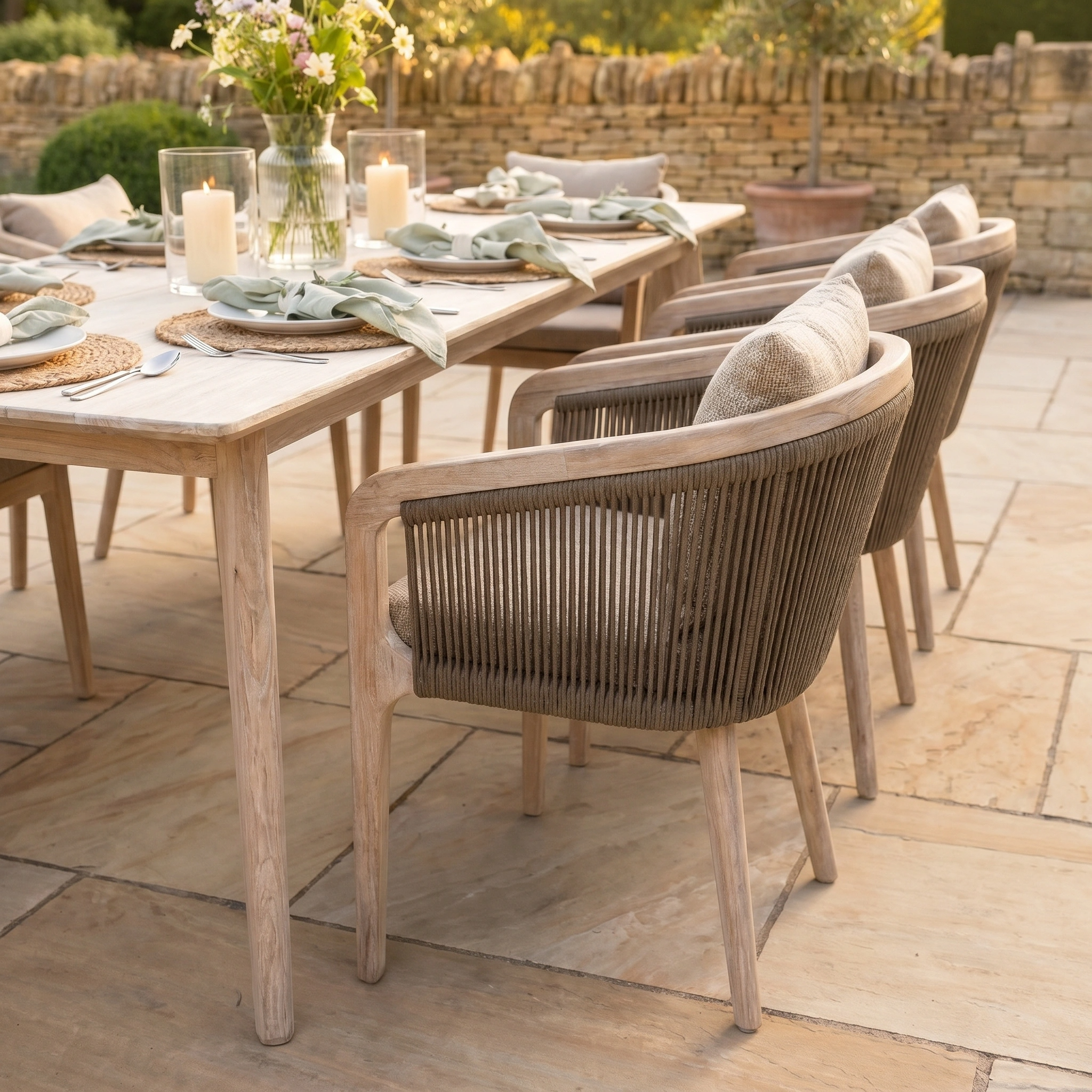 The Evora 8 Seat Rectangular Dining Set in Mocha, adorned with candles and flowers, creates an inviting atmosphere on a stone patio.