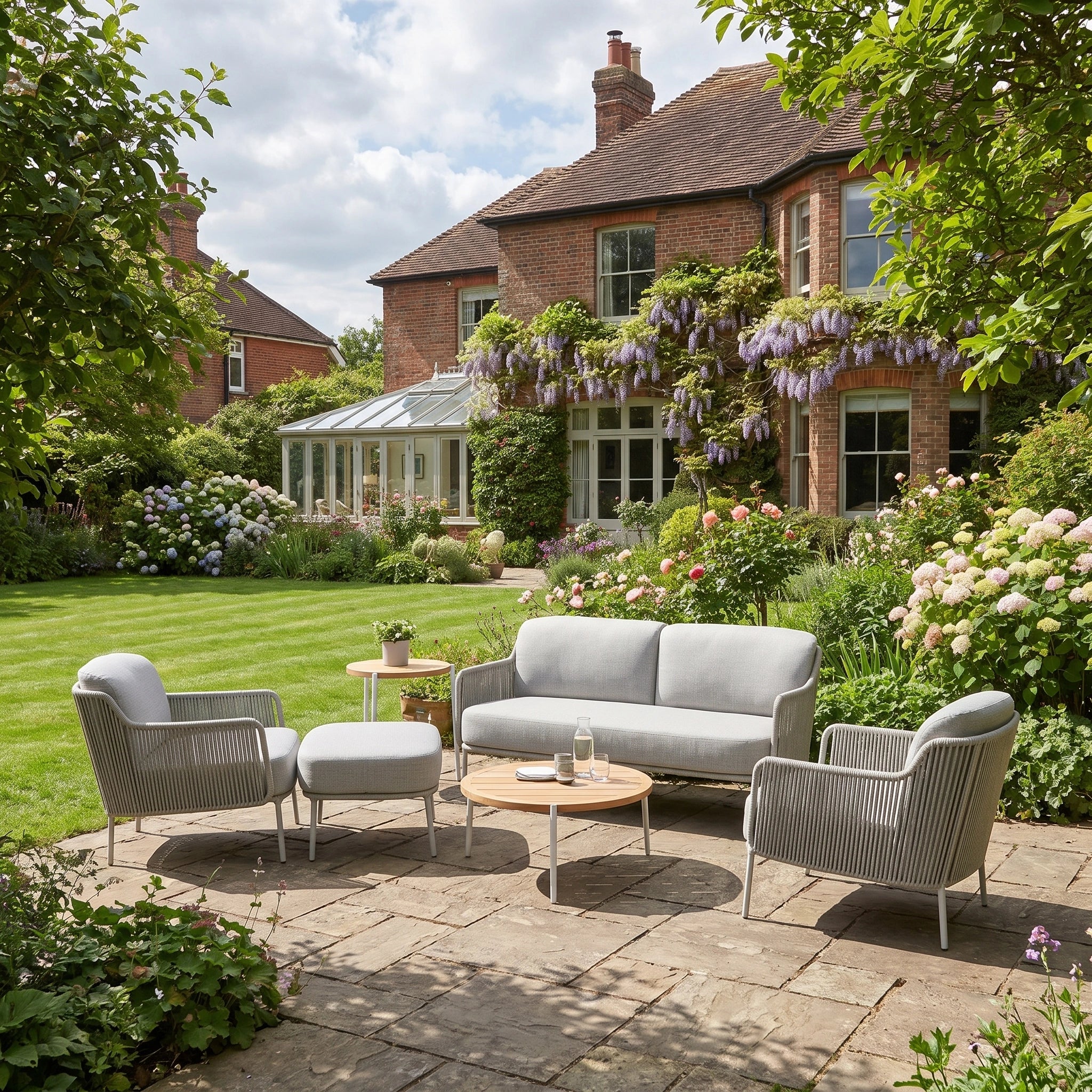 Patio featuring the Bernini 2 Seat Sofa Set with Teak Tables and Footstool in Light Grey, surrounded by a lush garden, in front of a large brick house.