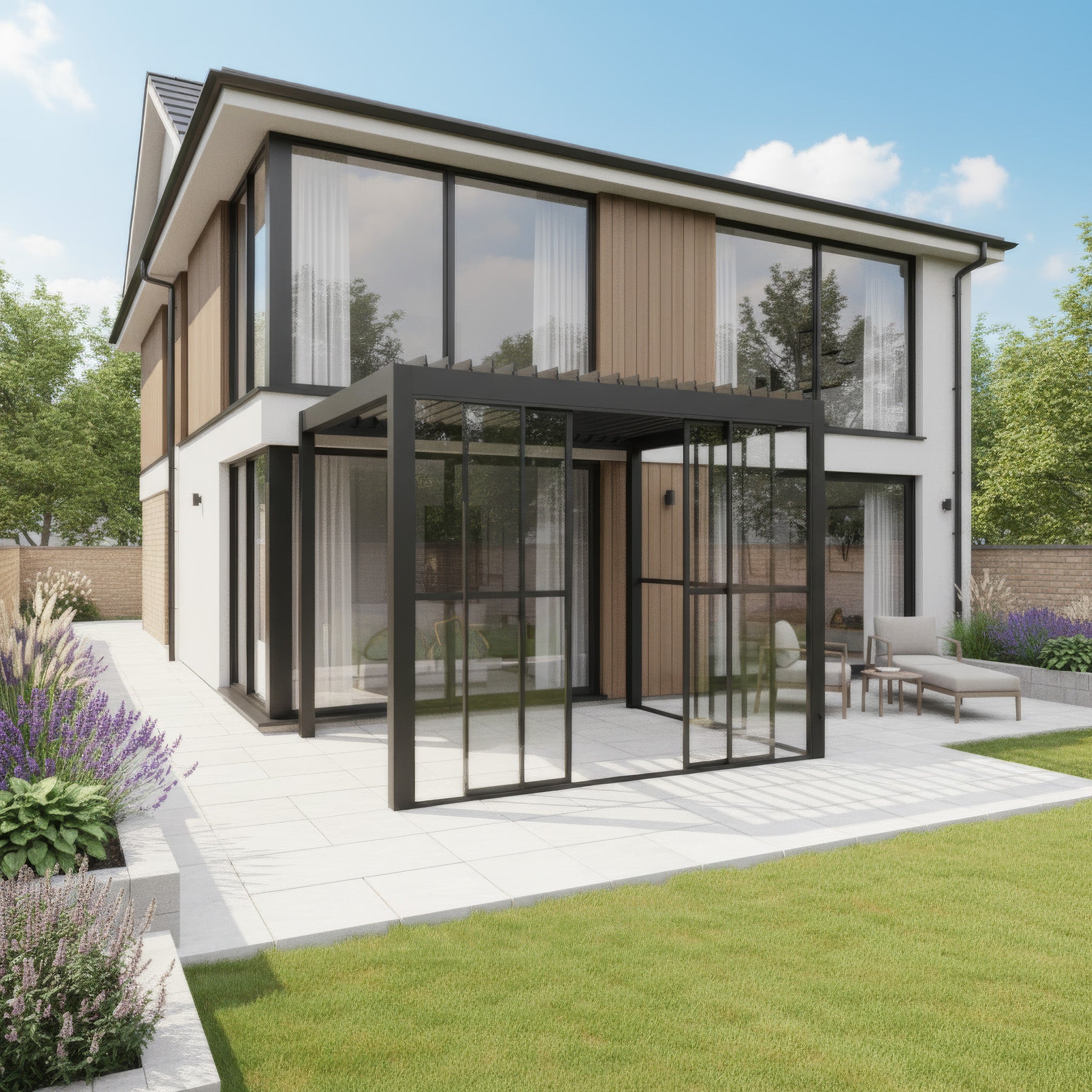 Modern two-story house with large windows and landscaped garden, featuring PergoSTET Pro/Deluxe Glass Sliding Doors 3m Side in Grey that seamlessly connect indoor living areas to the inviting outdoor patio.