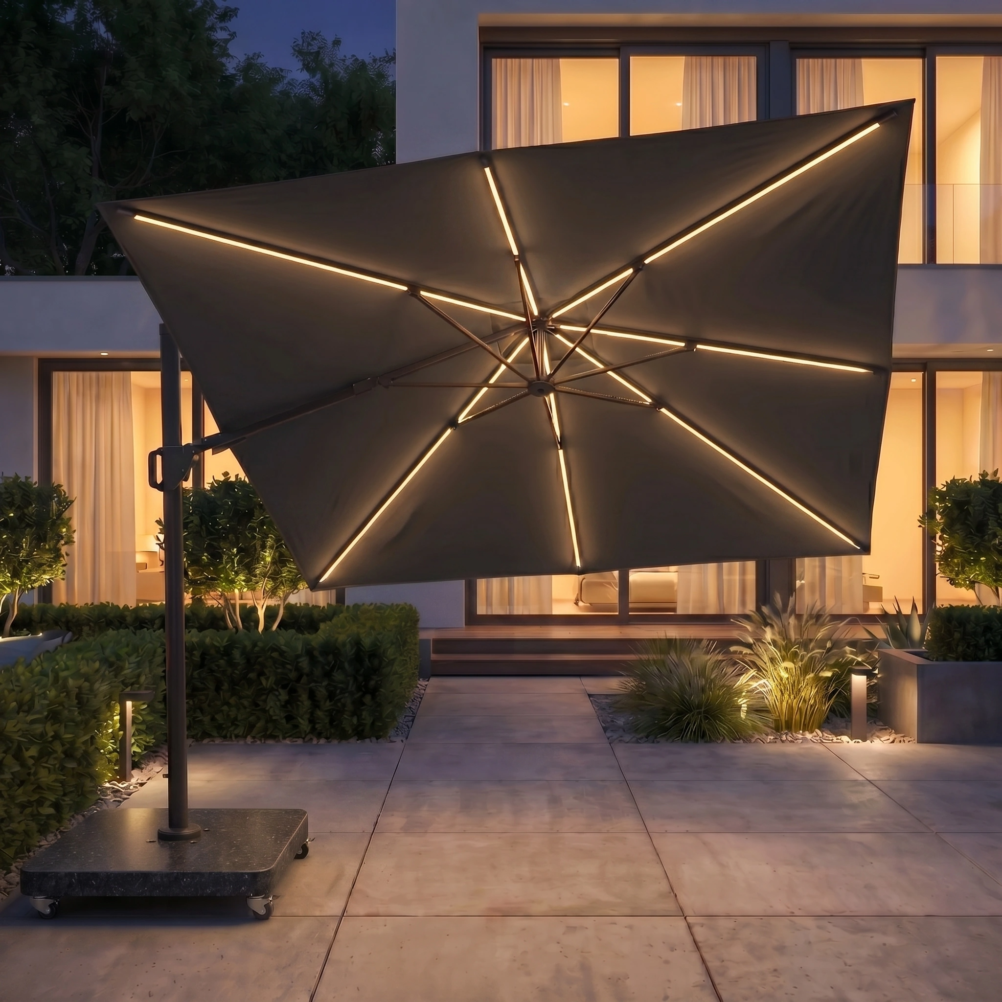 The Glow Challenger T2 3m Square Cantilever Parasol in Anthracite features built-in LED lights that illuminate at dusk, transforming your modern backyard into an inviting space.