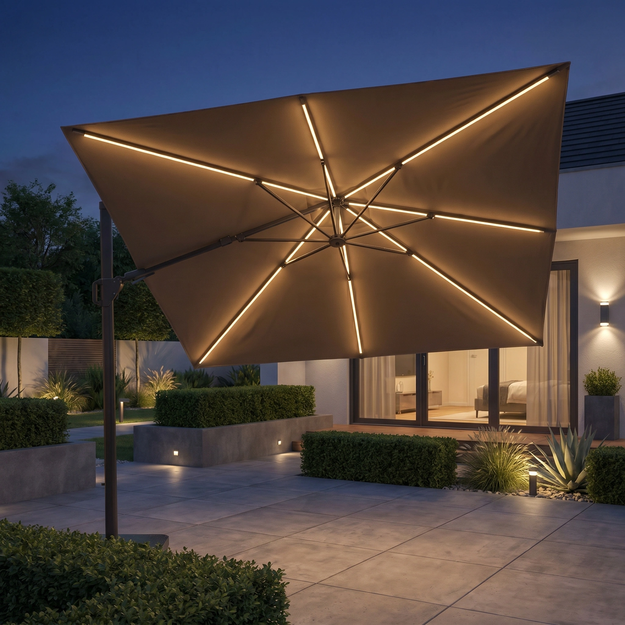 The Glow Challenger T2 3m Square Cantilever Parasol in Taupe with a 90kg granite base features built-in LED lights and a durable, stylish powder-coated aluminium frame—perfect for modern terraces at dusk.