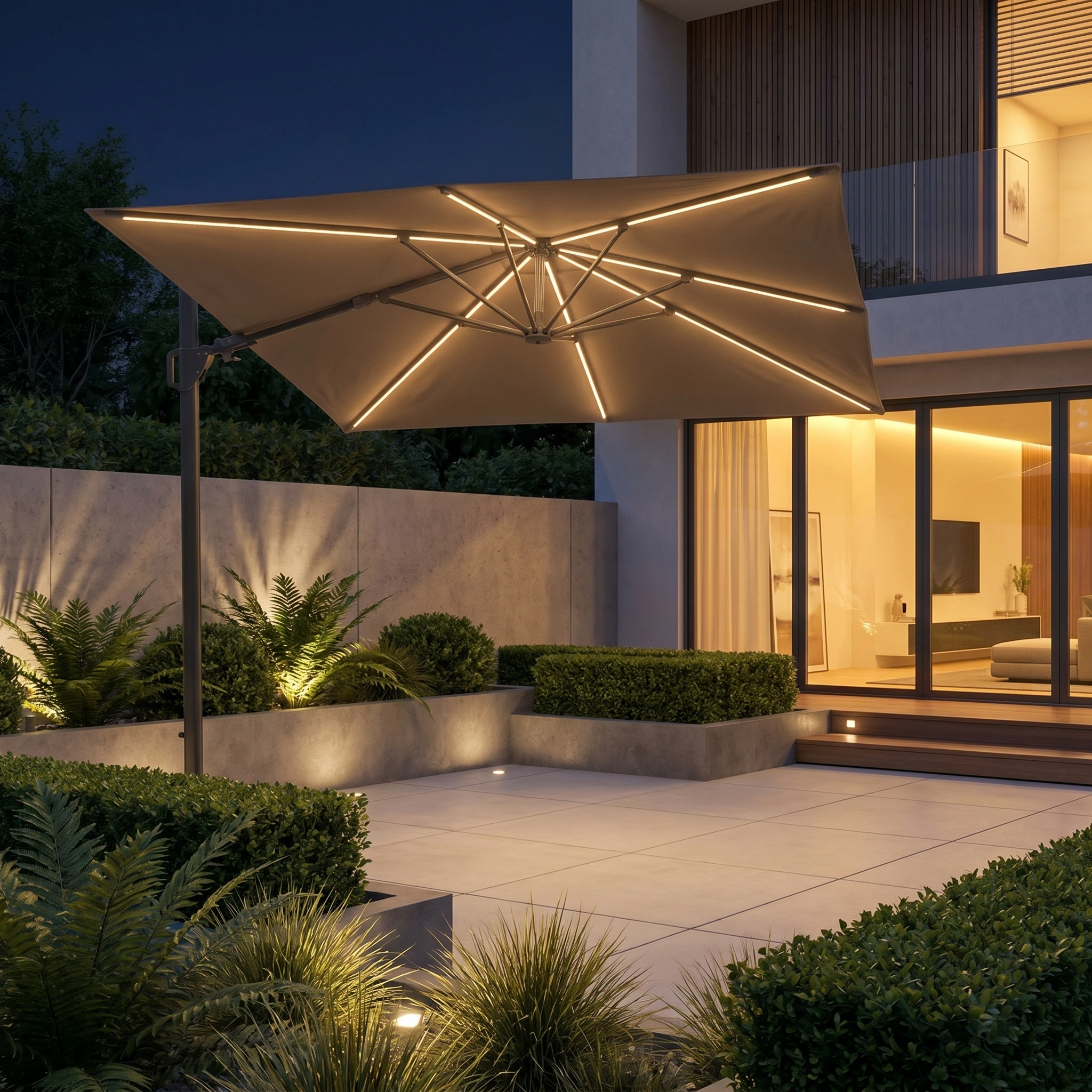 A modern patio at dusk features the Glow Challenger T2 3m Square Cantilever Parasol in Taupe with a 90kg Granite Base, glowing amid lush plants and an illuminated house in the background.