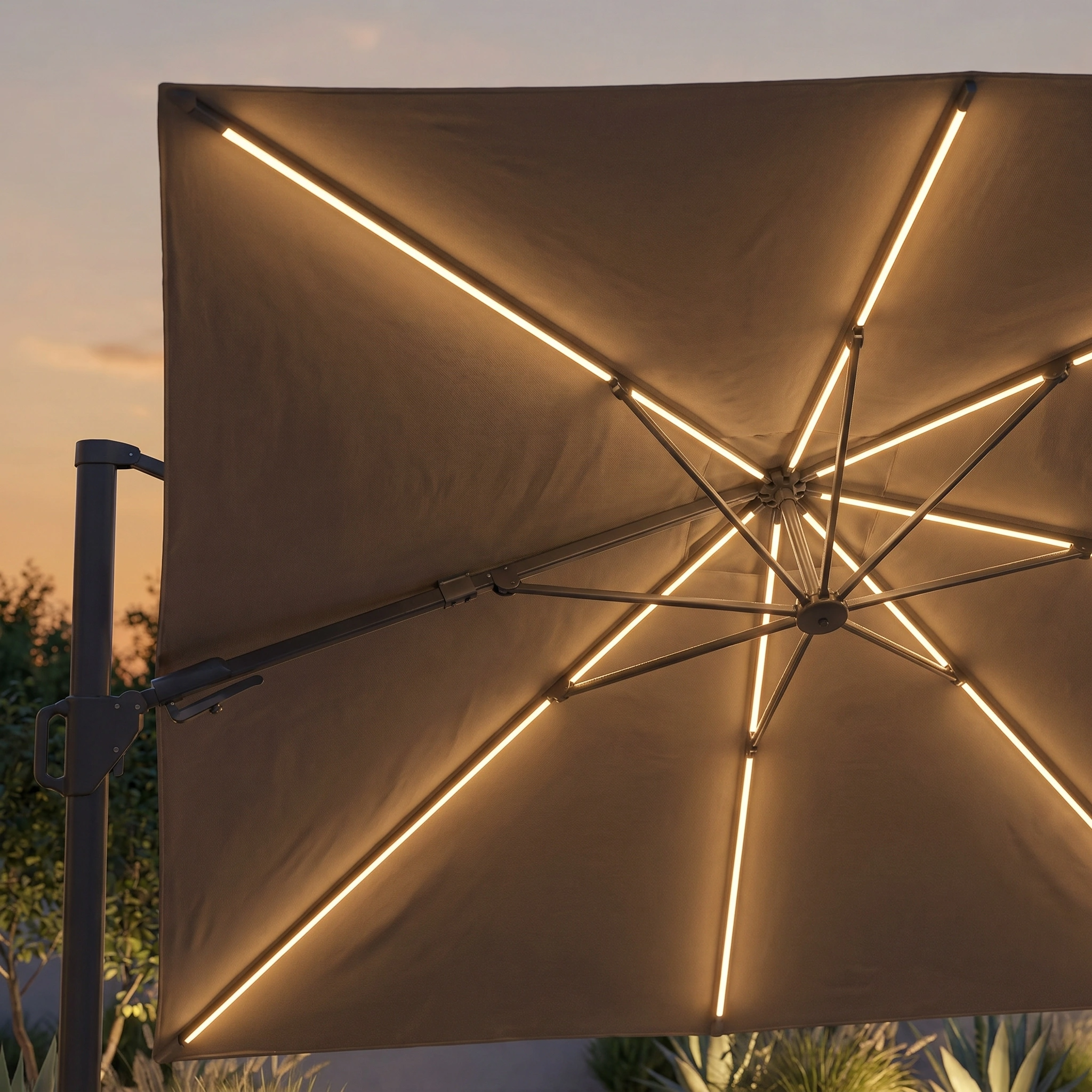 The Glow Challenger T2 3m Square Cantilever Parasol in Taupe features built-in lights that illuminate warmly along its spokes at dusk, and it comes with a sturdy 90kg granite base.