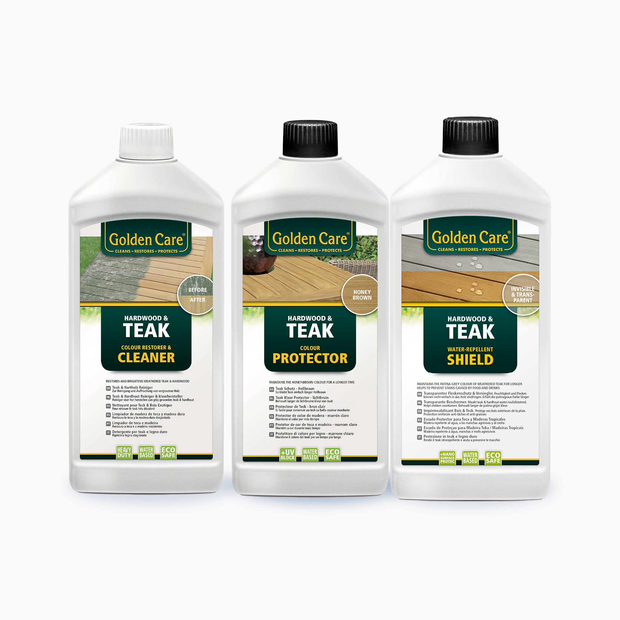 Three bottles from the Golden Care Honey Brown Teak and Hardwood Complete Care Kit, labeled Cleaner, Protector, and Shield, placed on a white background. These products provide superior cleaning and protection for teak and hardwood furniture to ensure the longevity of your fine furnishings.