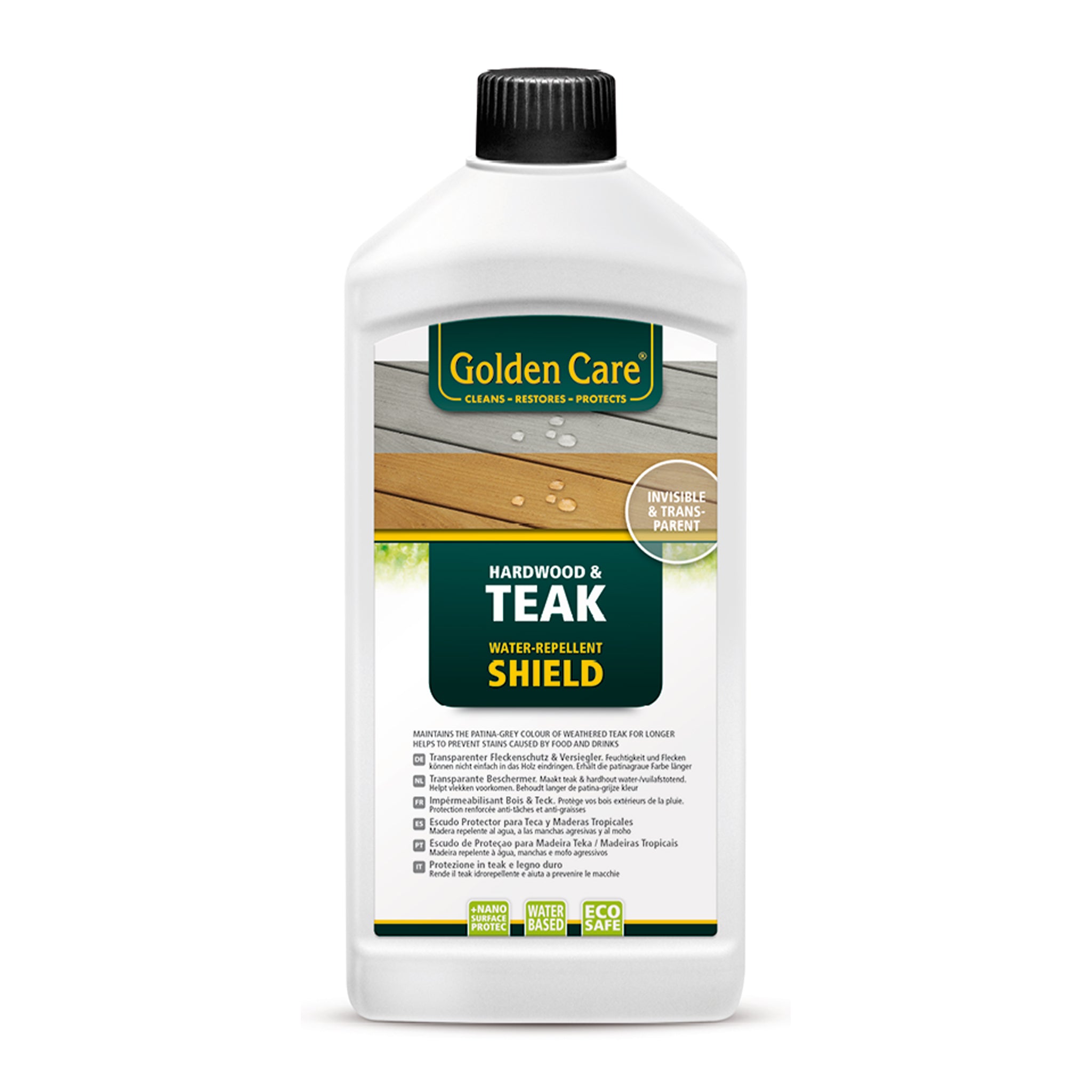 The Golden Care Honey Brown Teak and Hardwood Complete Care Kit, featuring a protector and shield with a green label and black cap, is perfect for safeguarding your teak and hardwood furniture.