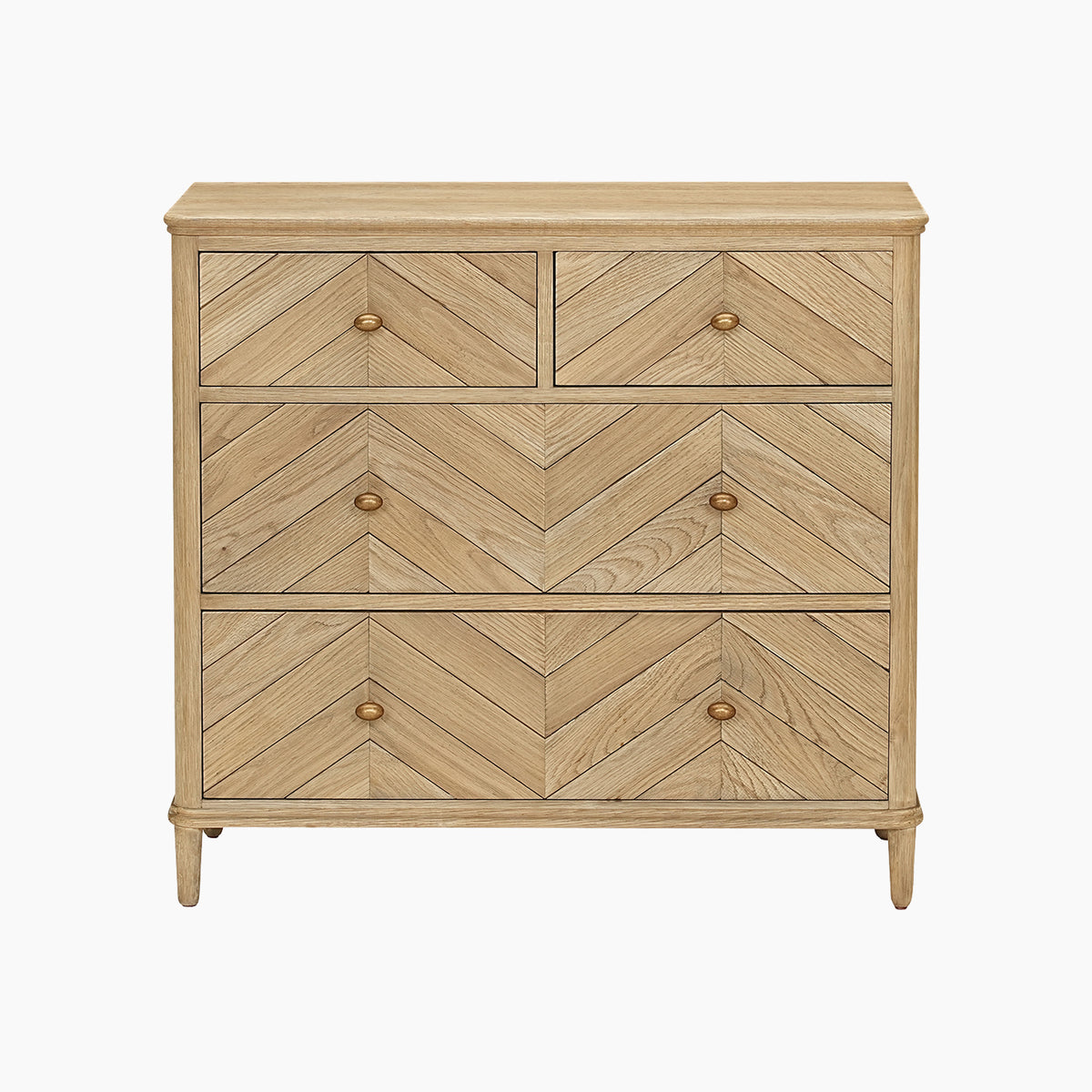 The Hadley Herringbone 2 Over 2 Chest of Drawers in Natural features a chevron pattern design and four drawers, displayed against a white background.