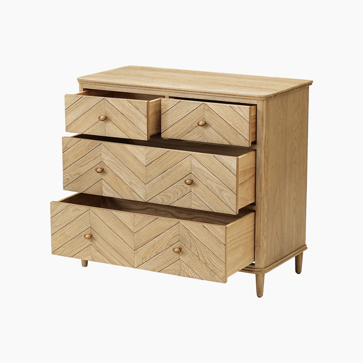 The Hadley Herringbone 2 Over 2 Chest of Drawers in Natural is a light wood dresser with four drawers—three shown open—and features a striking chevron pattern on the front.