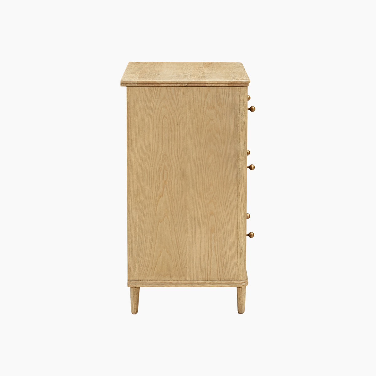Side view of the Hadley Herringbone 2 Over 2 Chest of Drawers in Natural, featuring a light wood finish and five visible knobs, set against a plain white background.