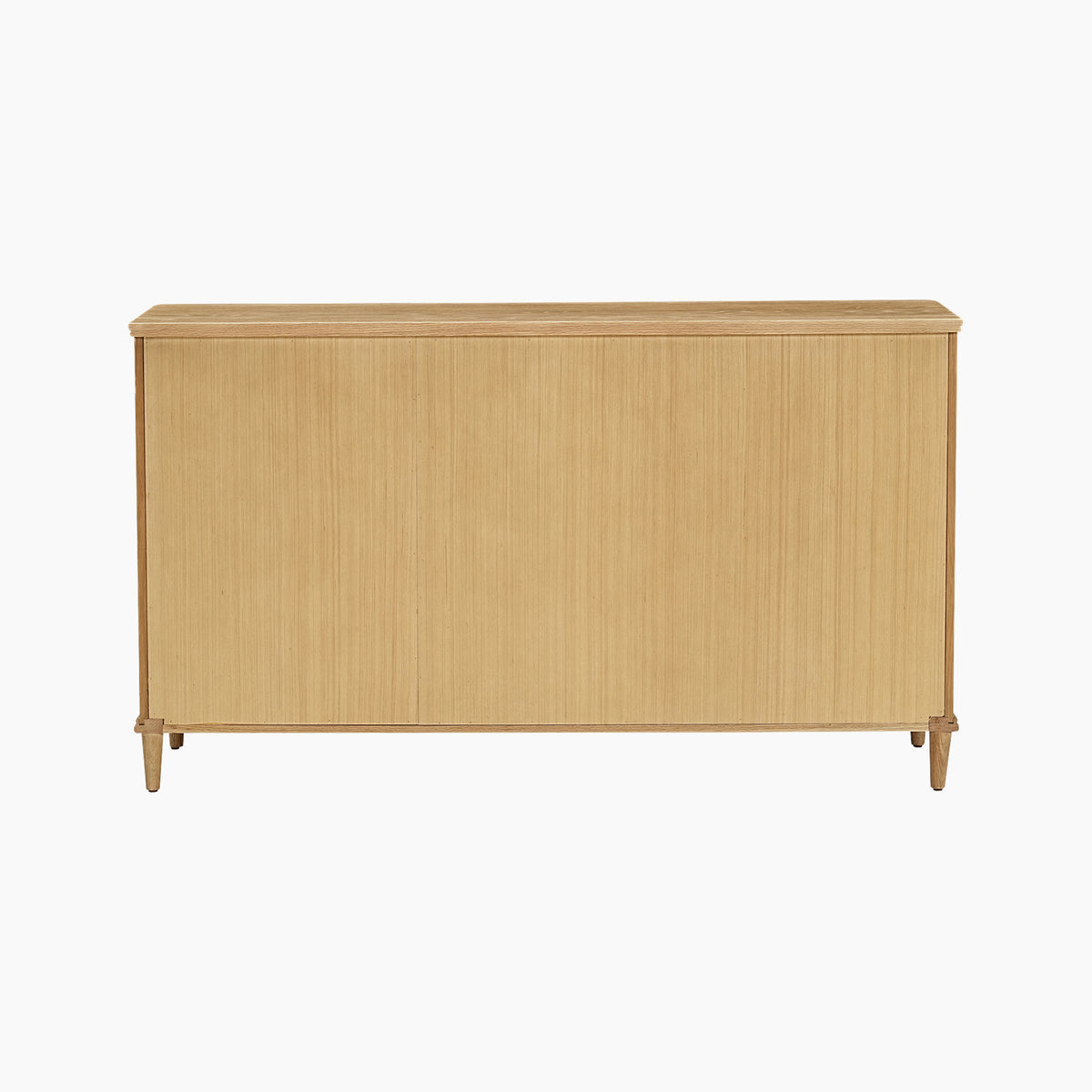 Hadley Herringbone 3 Door Sideboard in Natural featuring a light wood finish, flat top, herringbone-patterned doors with vertical grooves, and four barrel legs, set against a plain white background.