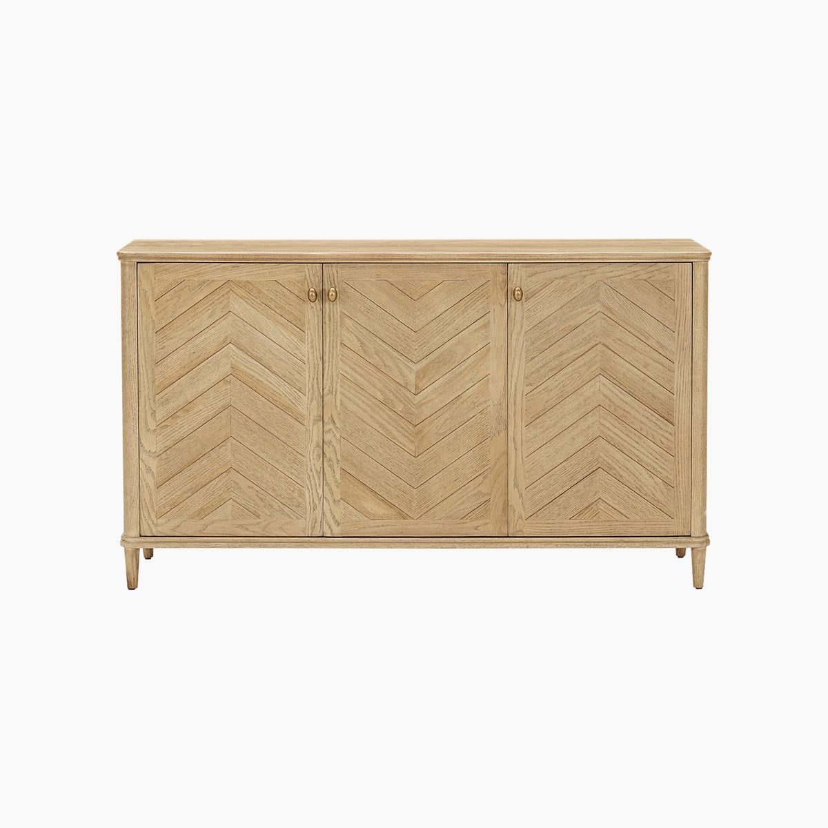 Hadley Herringbone 3 Door Sideboard in Natural, featuring three chevron-patterned doors with round knobs, set against a white background.