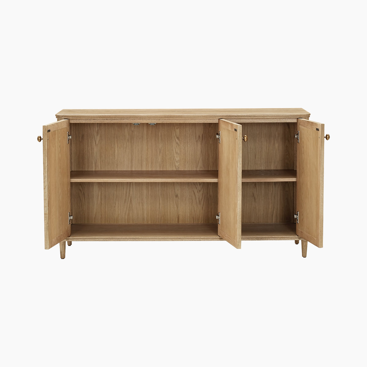 Hadley Herringbone 3 Door Sideboard in Natural with all three doors open, showcasing two interior shelves and spacious empty storage inside.