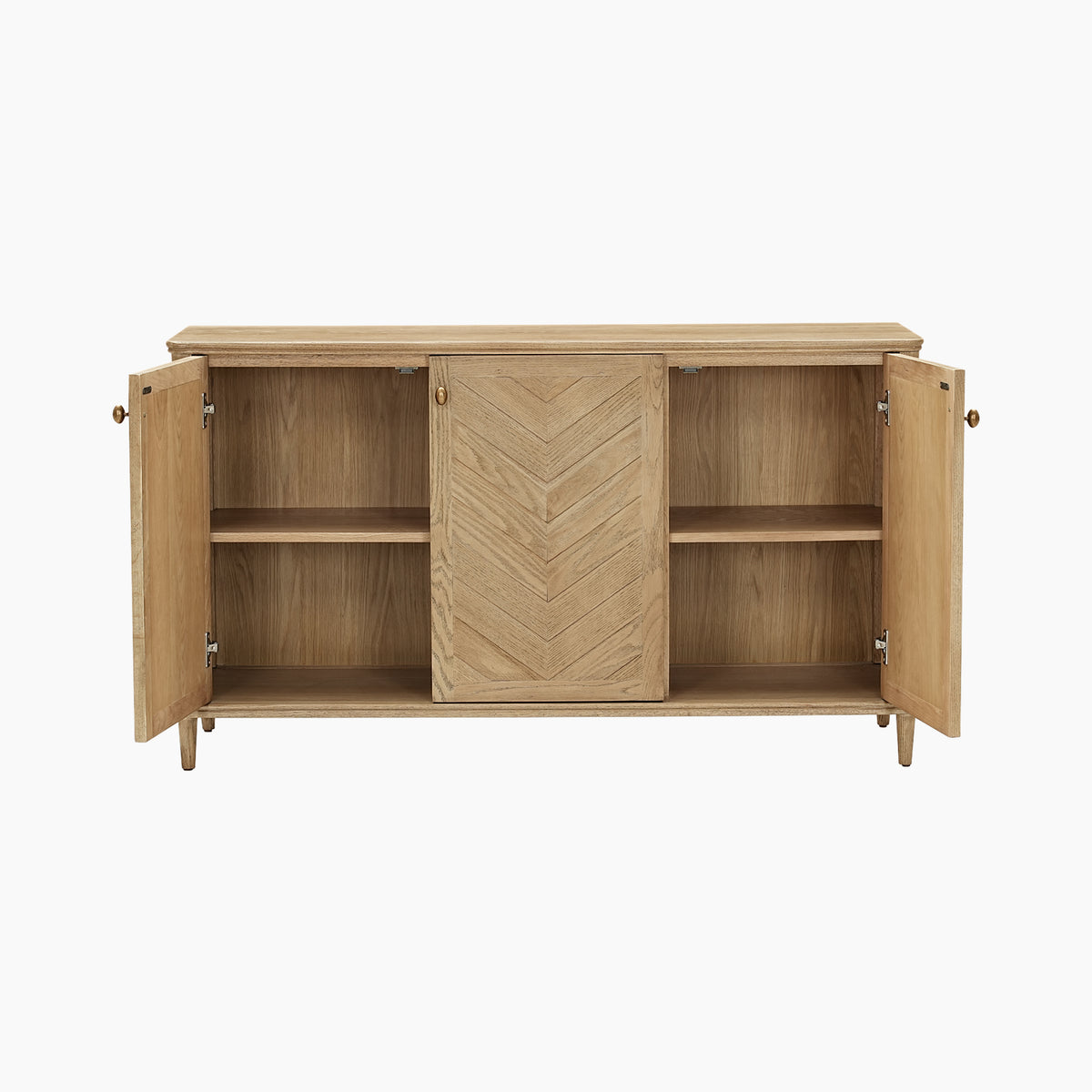 Hadley Herringbone 3 Door Sideboard in Natural with two open doors revealing interior shelves and a central panel featuring a chevron pattern.