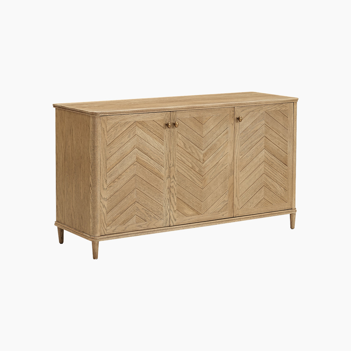 Hadley Herringbone 3 Door Sideboard in Natural, featuring a chevron pattern and standing on four barrel legs, is shown against a white background.