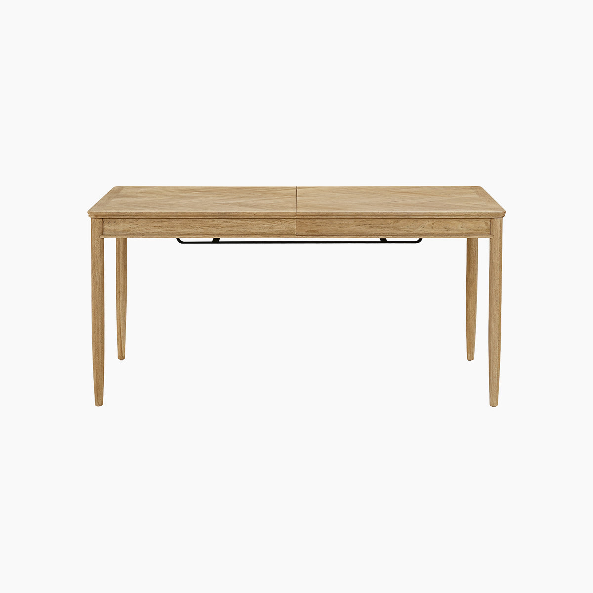 Hadley Herringbone 6-8 Extending Dining Table in Natural, featuring a rectangular wooden top and four barrel legs, shown from the front against a white background.