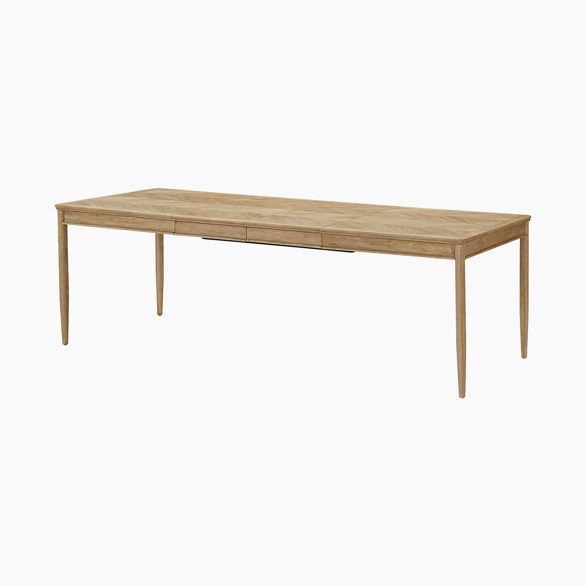 Hadley Herringbone 6-8 Extending Dining Table in Natural, featuring a rectangular wooden design with barrel legs and a light natural finish, displayed on a white background.