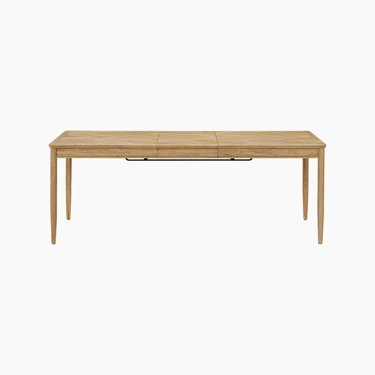 Hadley Herringbone 6-8 Extending Dining Table in Natural, featuring a rectangular wooden design with barrel legs, shown on a white background.