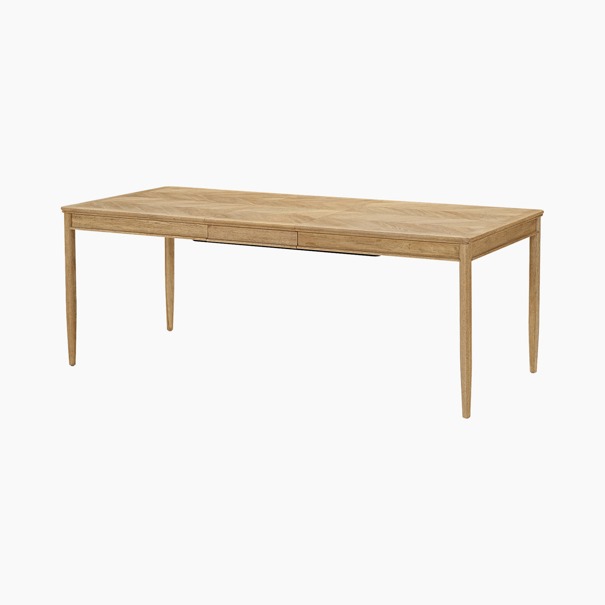 Hadley Herringbone 6-8 Extending Dining Table in Natural, featuring a rectangular wooden top and four barrel legs, displayed against a plain white background.