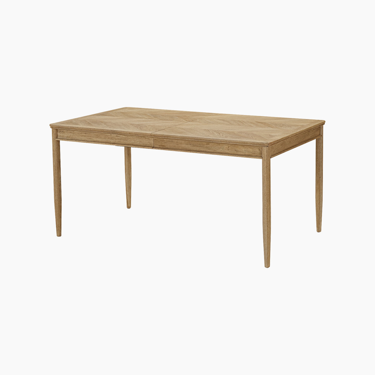 Hadley Herringbone 6-8 Extending Dining Table in Natural featuring a rectangular wooden top with four barrel legs, displayed on a white background.