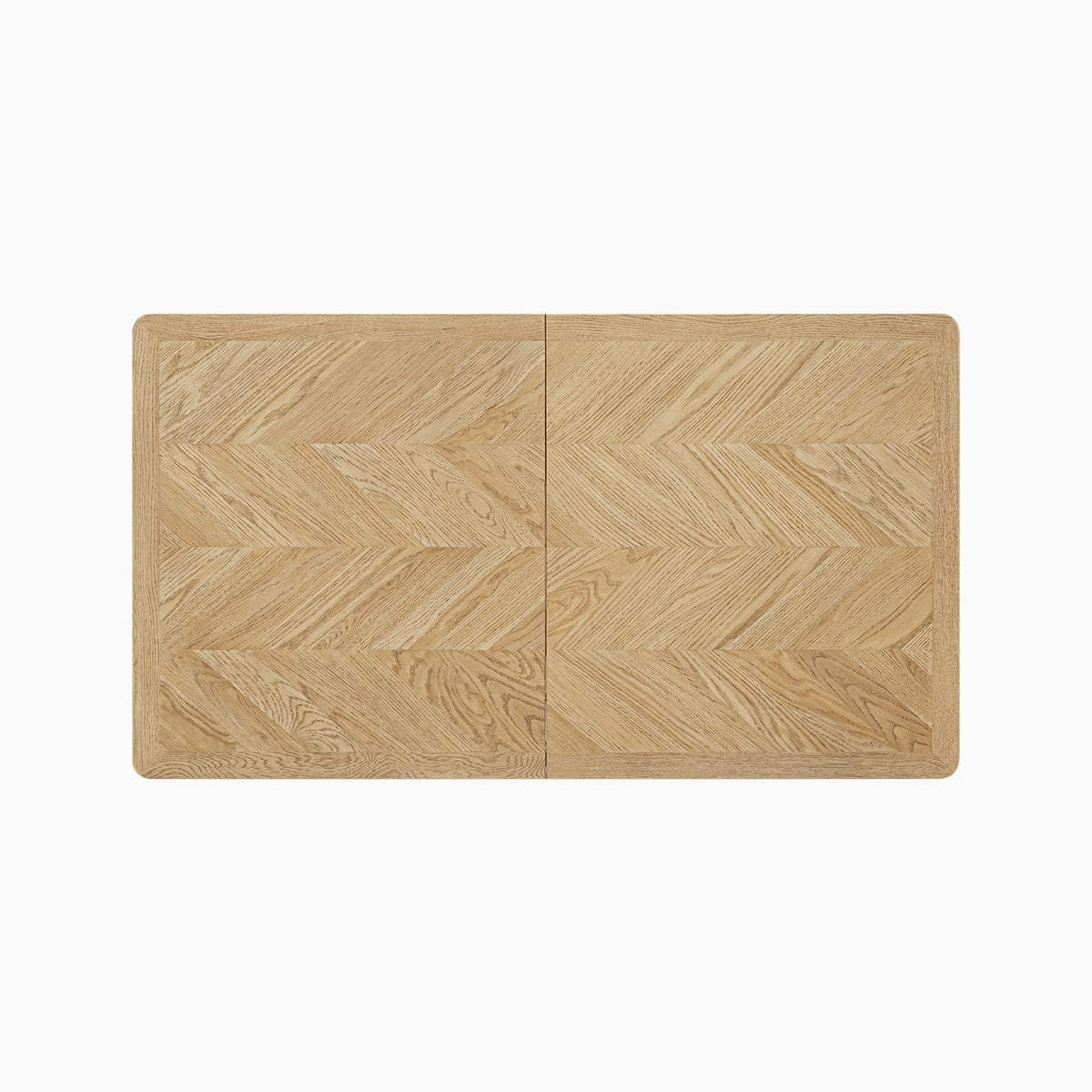Hadley Herringbone 6-8 Extending Dining Table in Natural, featuring a rectangular wooden tabletop with a herringbone pattern, viewed from above against a white background.