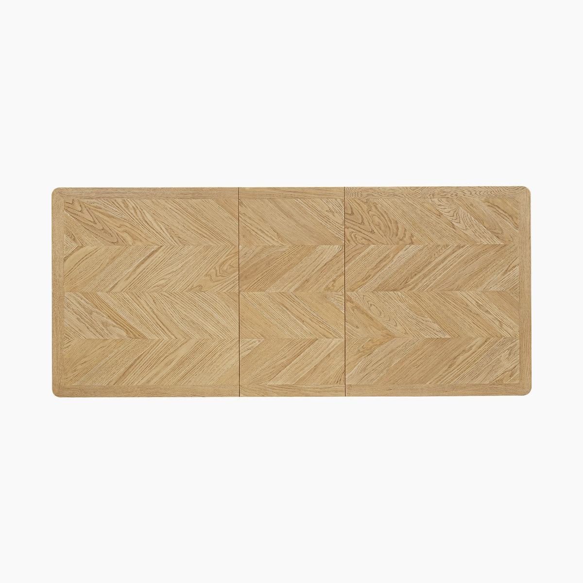 Hadley Herringbone 6-8 Extending Dining Table in Natural, featuring a rectangular wooden surface with a chevron pattern, viewed from above against a white background.