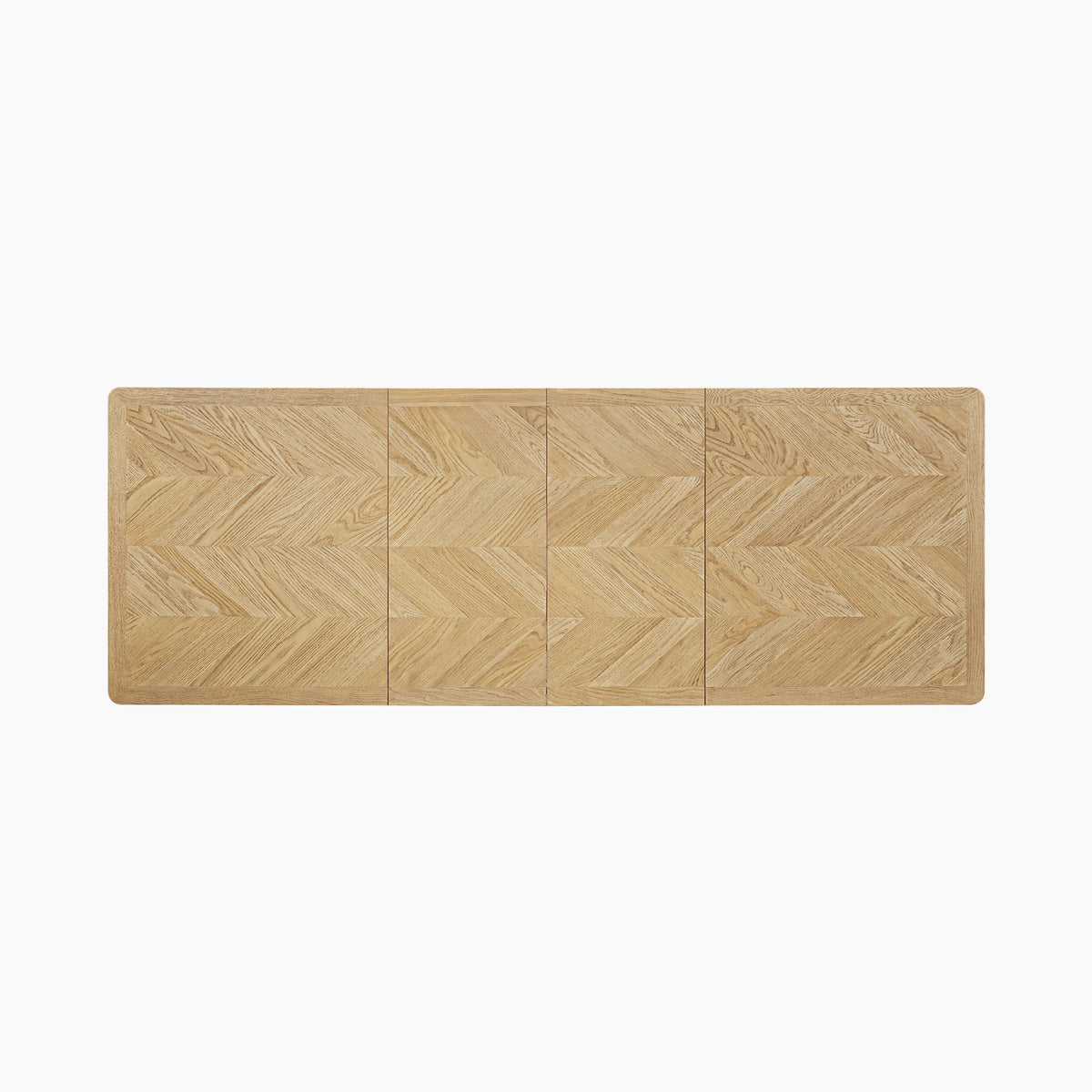 Hadley Herringbone 6-8 Extending Dining Table in Natural, shown from above on a white background, featuring a rectangular wooden design with a herringbone pattern.