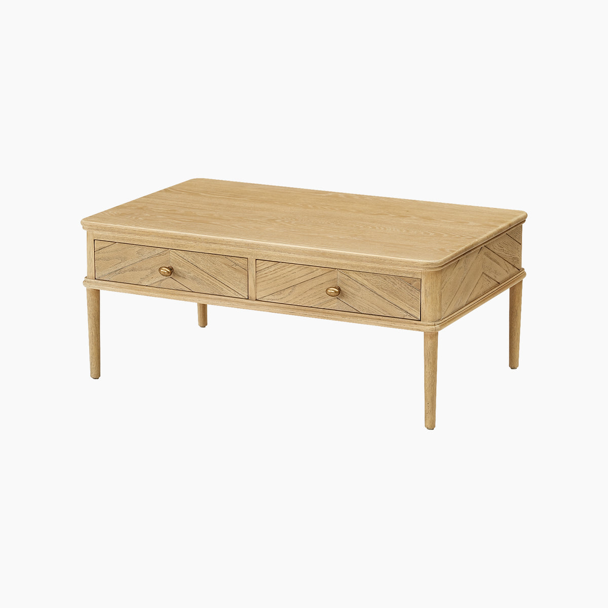 Hadley Herringbone Coffee Table in Natural, featuring four drawers and barrel legs, displayed against a plain white background.