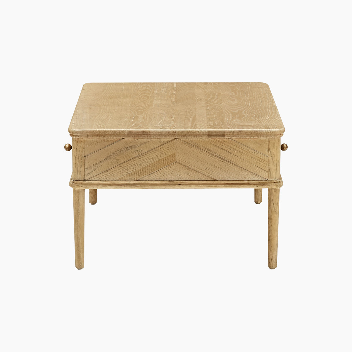 Hadley Herringbone Coffee Table in Natural, featuring a square wooden design with a chevron parquet front, drawer, and four barrel legs, shown on a white background.