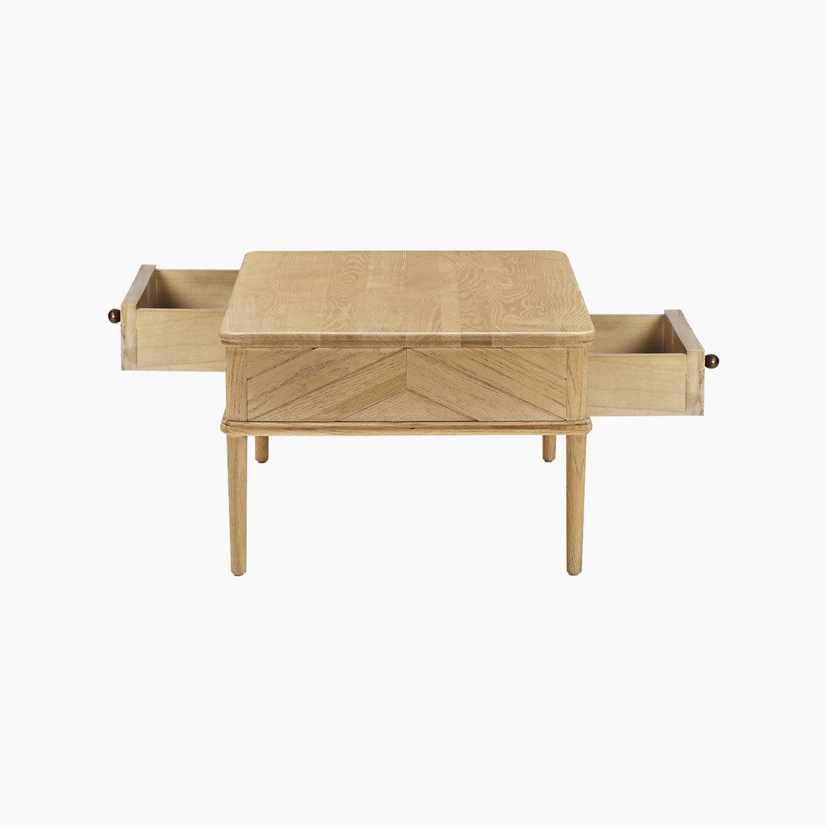 Square wooden table with two side drawers open, featuring a simple, light-colored design on four barrel legs—reminiscent of the Hadley Herringbone Coffee Table in Natural and beautifully echoing its style.