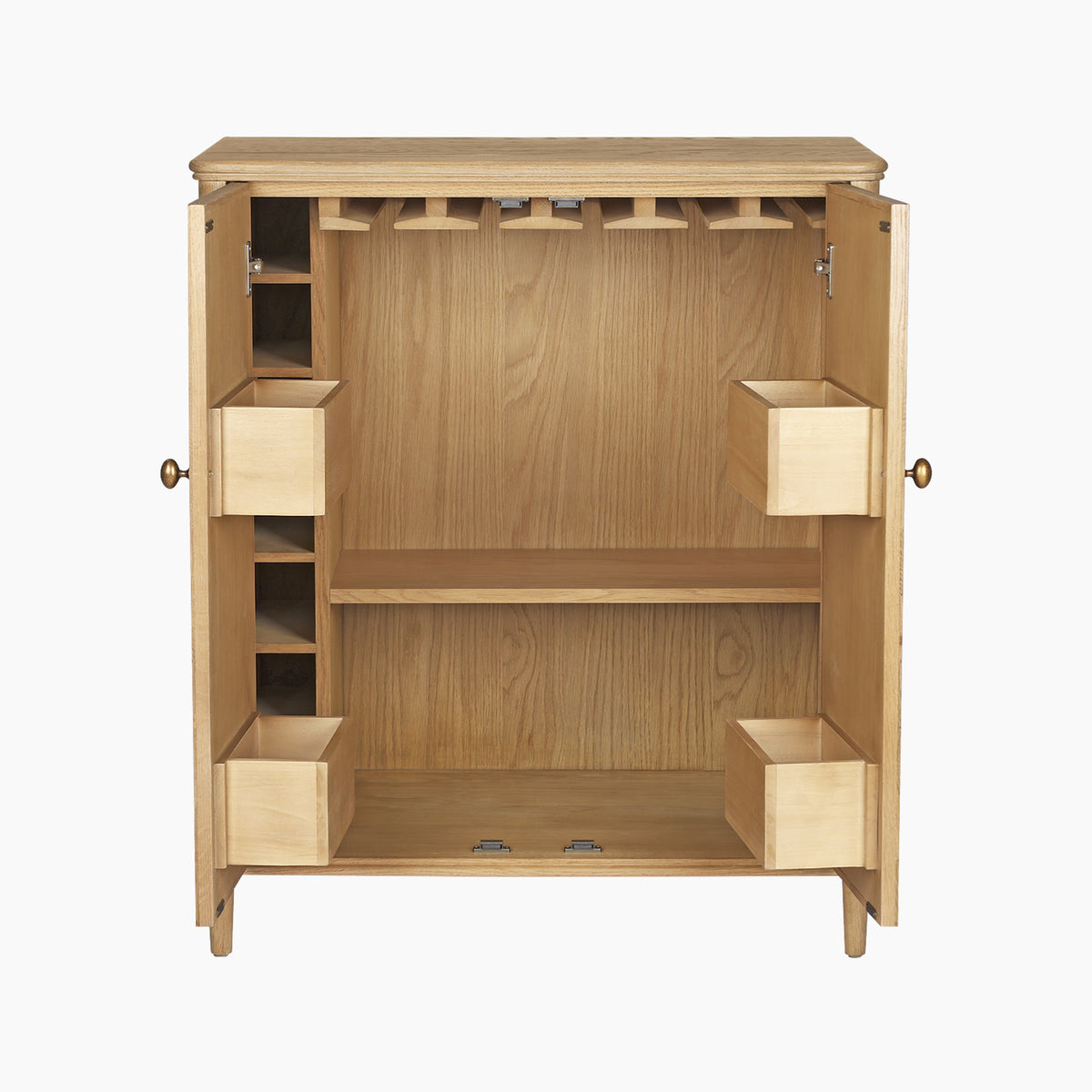 The Hadley Herringbone Drinks Cabinet in Natural features open shelving, slots, and hanging racks for storing bottles and glasses—making it the ideal home bar cabinet to display your collection with style.