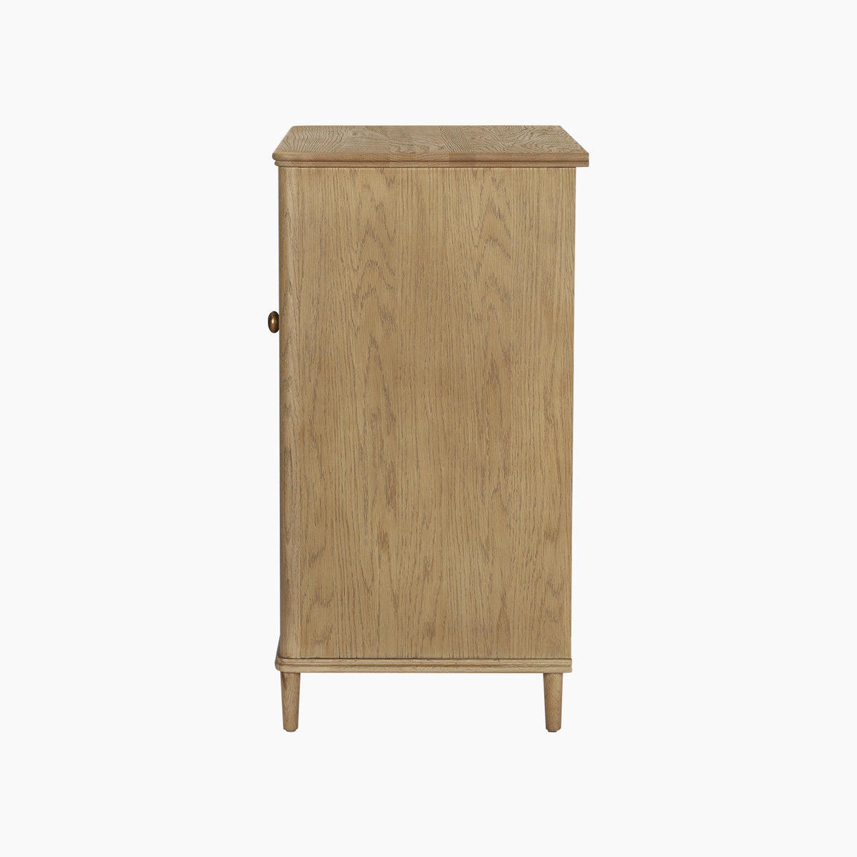 The Hadley Herringbone Drinks Cabinet in Natural features light wood with a single door and round knob, standing on four barrel legs against a white background—making it a stylish choice for those looking to add a natural oak home bar cabinet.