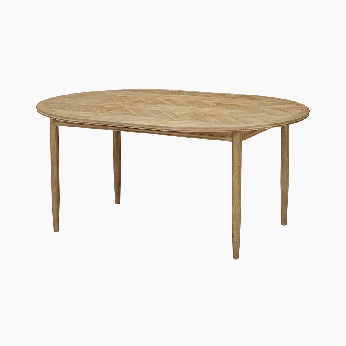Oval wooden dining table with four barrel legs, featuring a geometric herringbone pattern on the tabletop, inspired by the refined design of the Hadley Herringbone 4-6 Round Extending Dining Table in Natural.