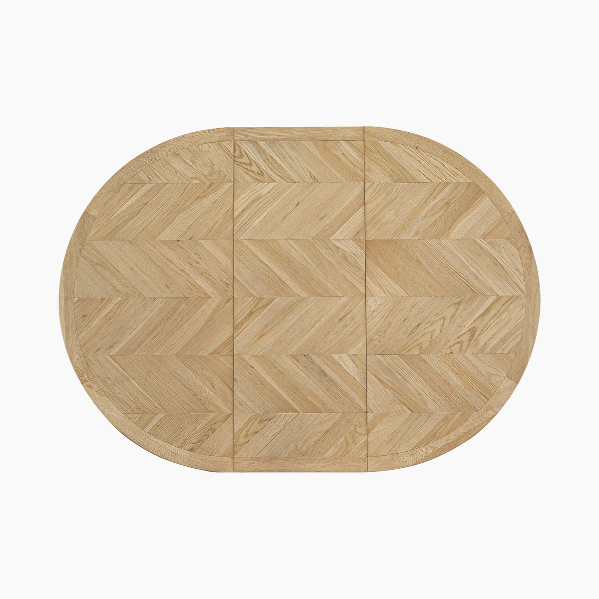 Oval wooden table with a herringbone pattern, viewed from above, on a plain white background; this elegant piece is reminiscent of the Hadley Herringbone 4-6 Round Extending Dining Table in Natural, making it a stylish and versatile addition to any dining space.