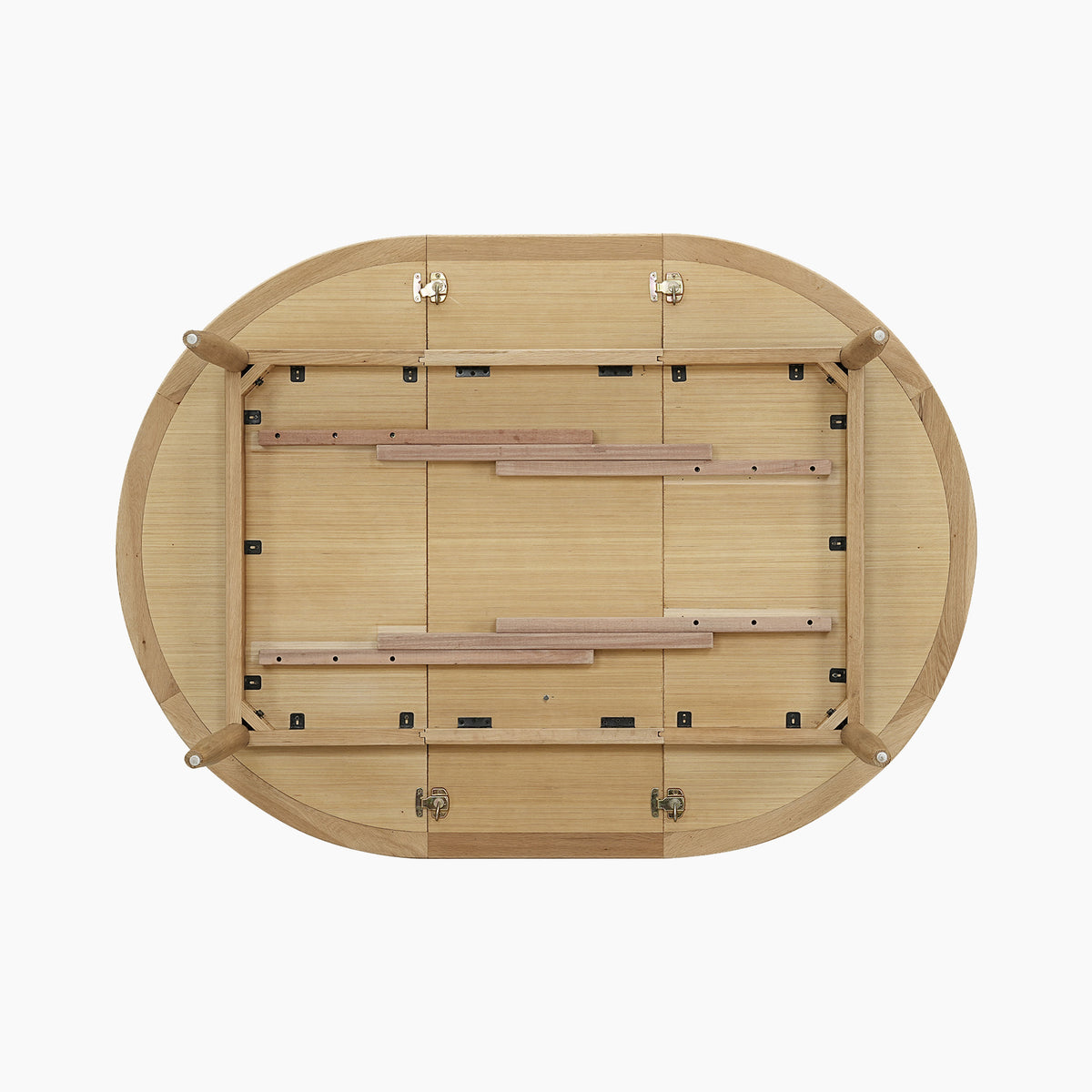 Oval wooden table shown from below, displaying its hardware and support structures on a white background—highlighting the expertly crafted mechanisms typical of an extending dining table like the Hadley Herringbone 4-6 Round Extending Dining Table in Natural.