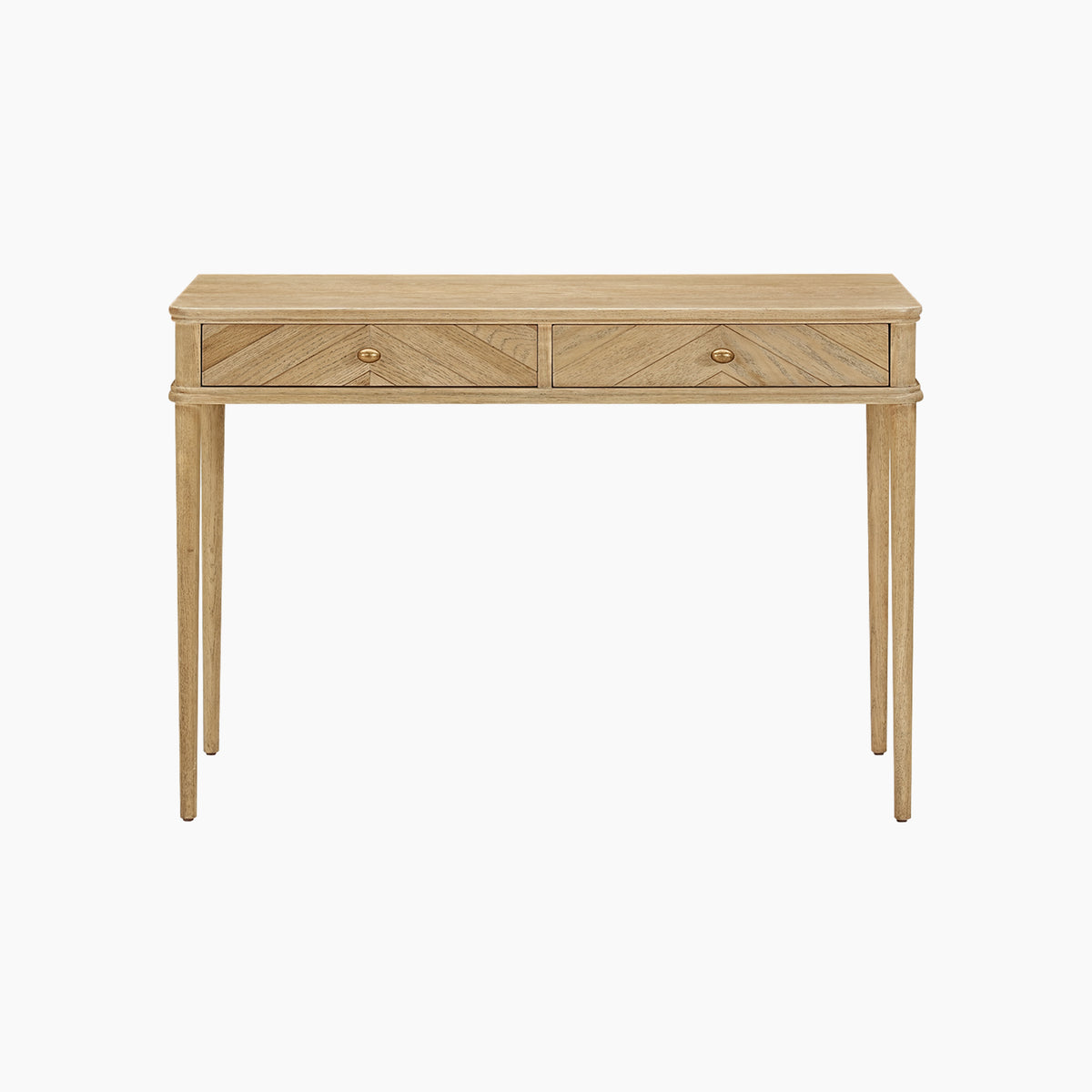 Hadley Herringbone Console Table in Natural featuring light wood, two drawers, barrel legs, and a simple modern design, shown against a white background.
