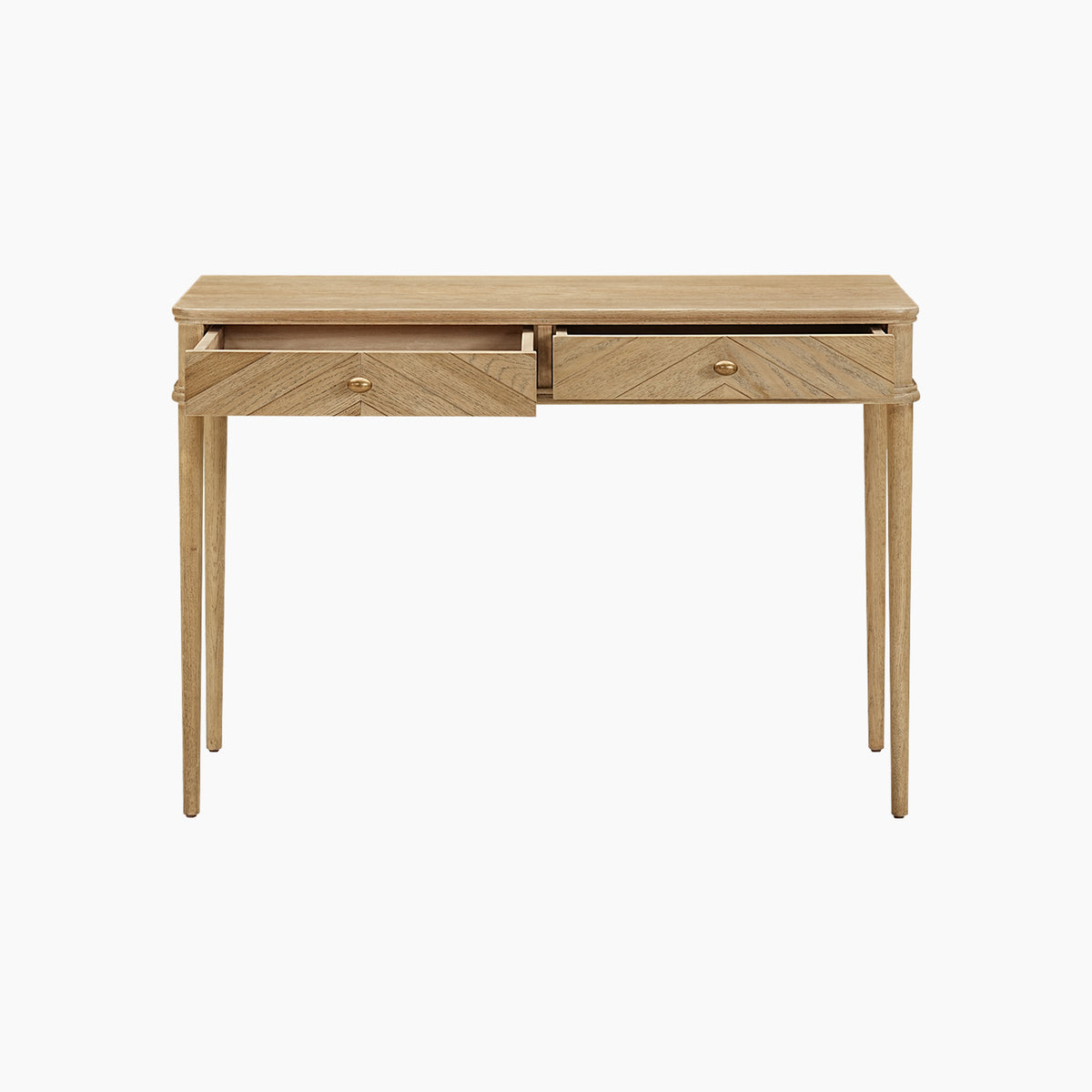 Hadley Herringbone Console Table in Natural, featuring light wood with two open drawers and barrel legs, displayed on a plain white background.