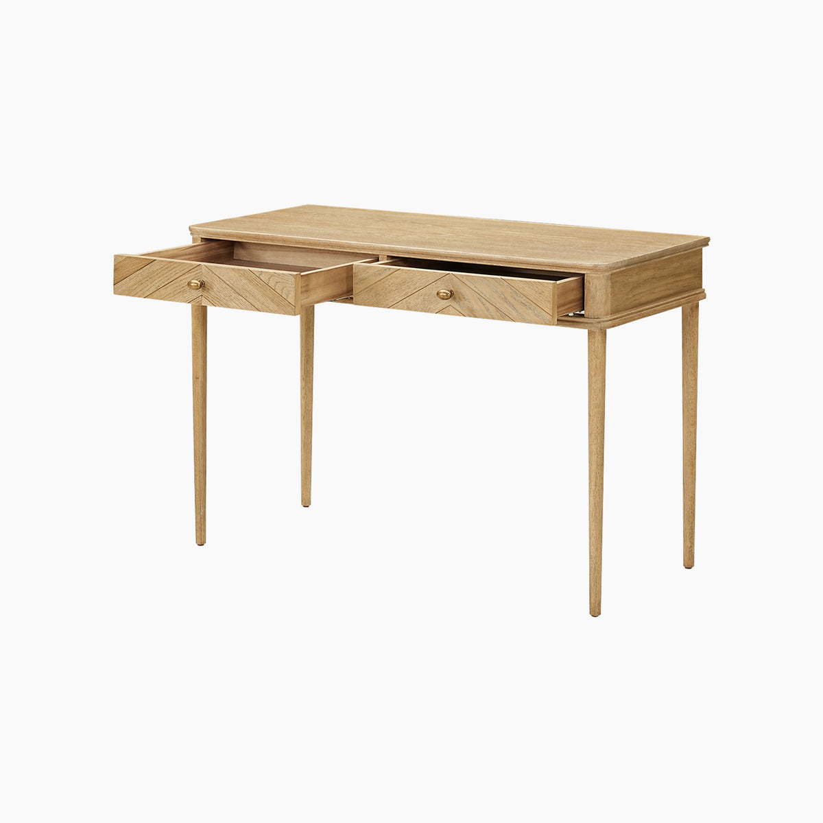 Hadley Herringbone Console Table in Natural features a light wood finish, two open drawers, barrel legs, and a simple minimalist design on a white background.