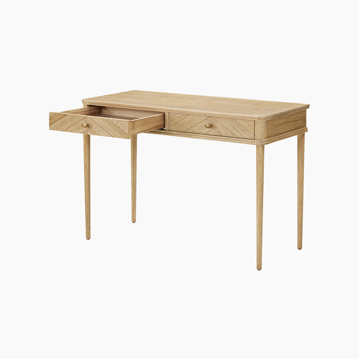 Hadley Herringbone Console Table in Natural, featuring two drawers with one drawer open, shown against a plain white background.